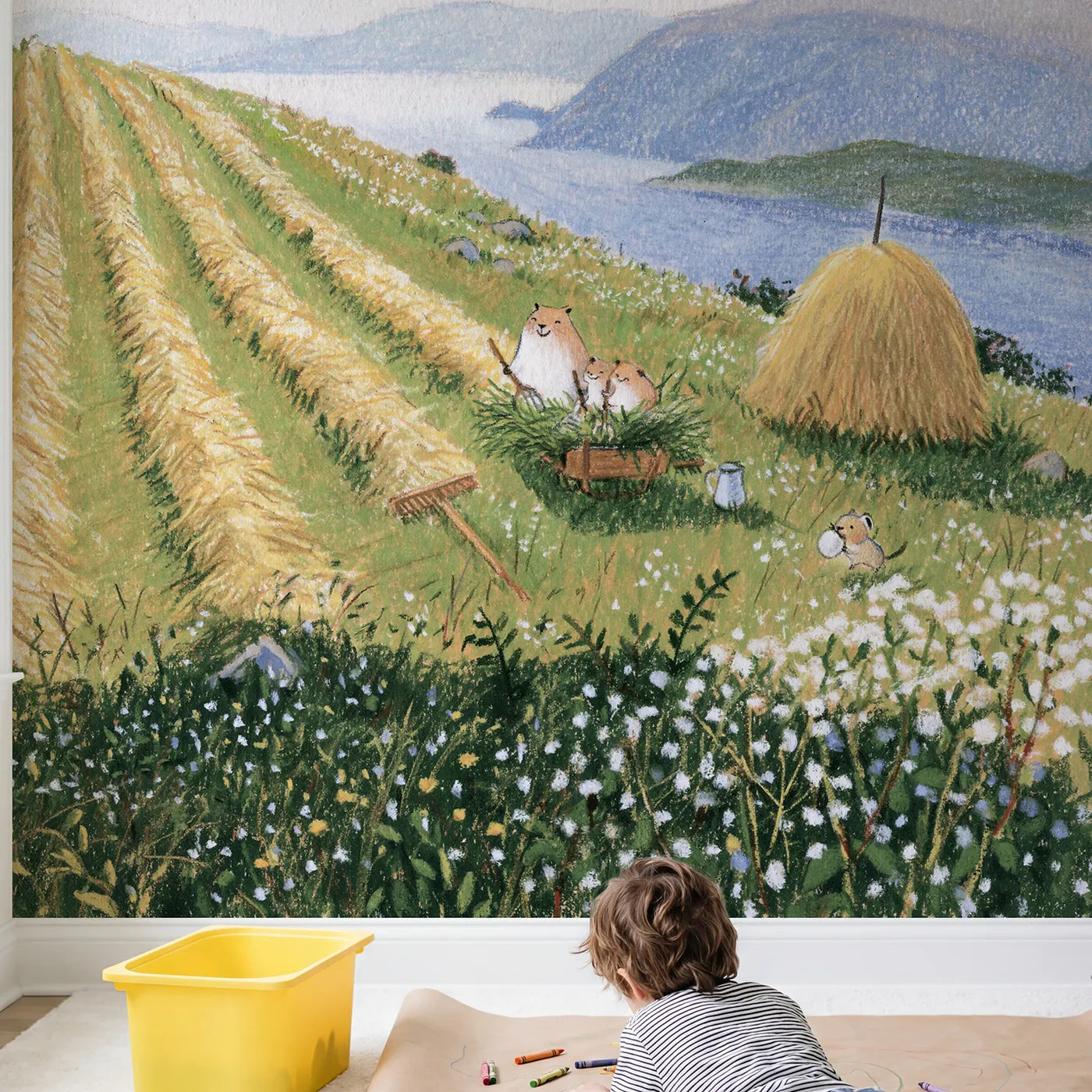 Child in nursery with Haymaking on the Slope Wallpaper Mural by Whimsy Tots