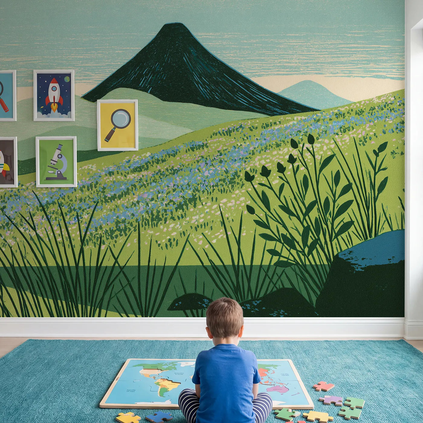 Child in nursery with Linocut Morning Volcano Hill Wallpaper Mural by Whimsy Tots