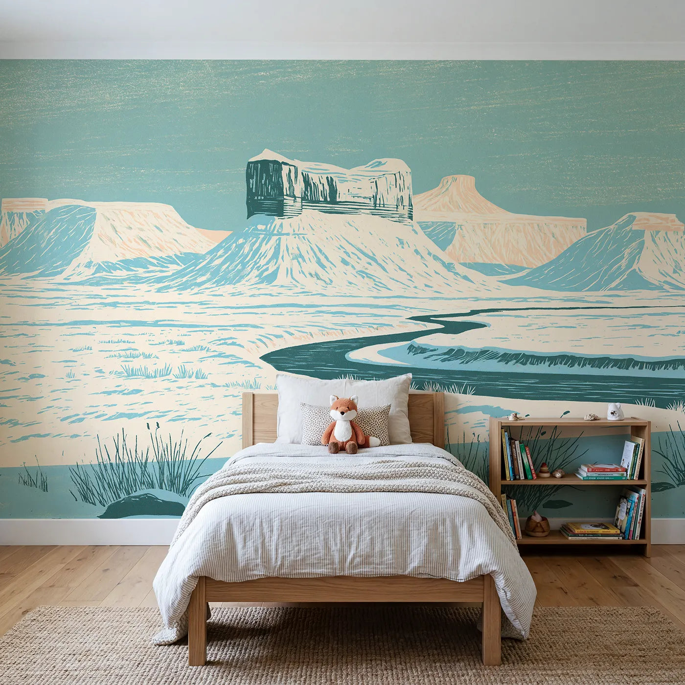 Linocut wall mural of a printed peak pair by Whimsy Tots