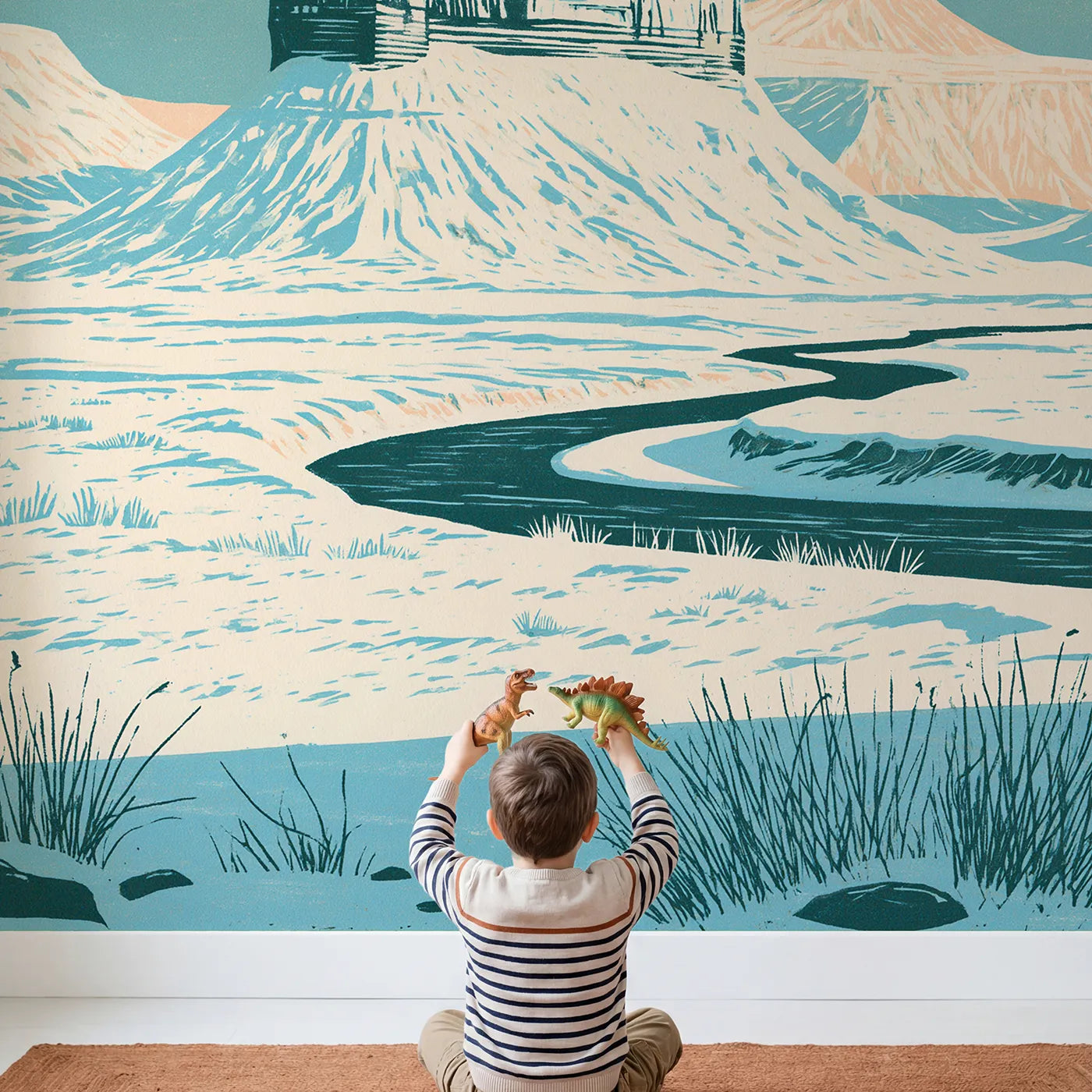 Child in nursery with Linocut Morning Mesa Plateau Wallpaper Mural by Whimsy Tots