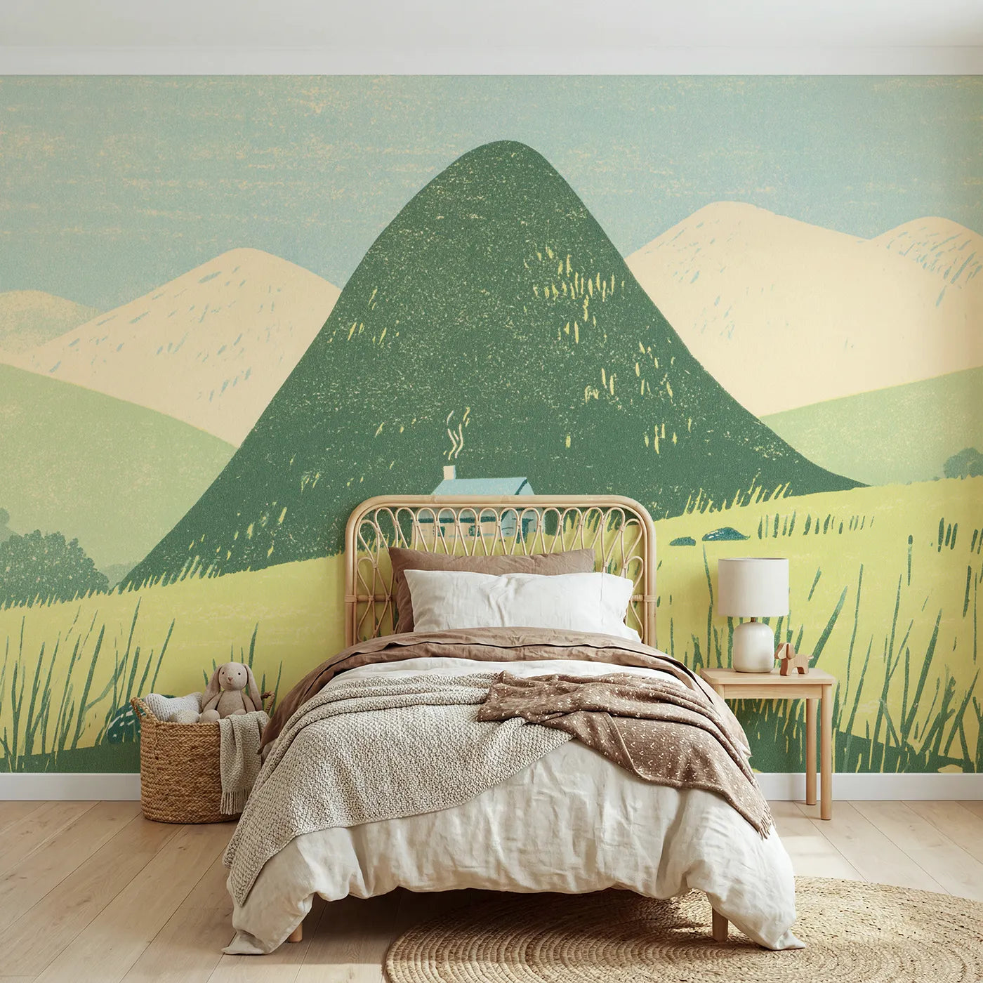 Linocut wall mural of a pine-clad printed mountain by Whimsy Tots
