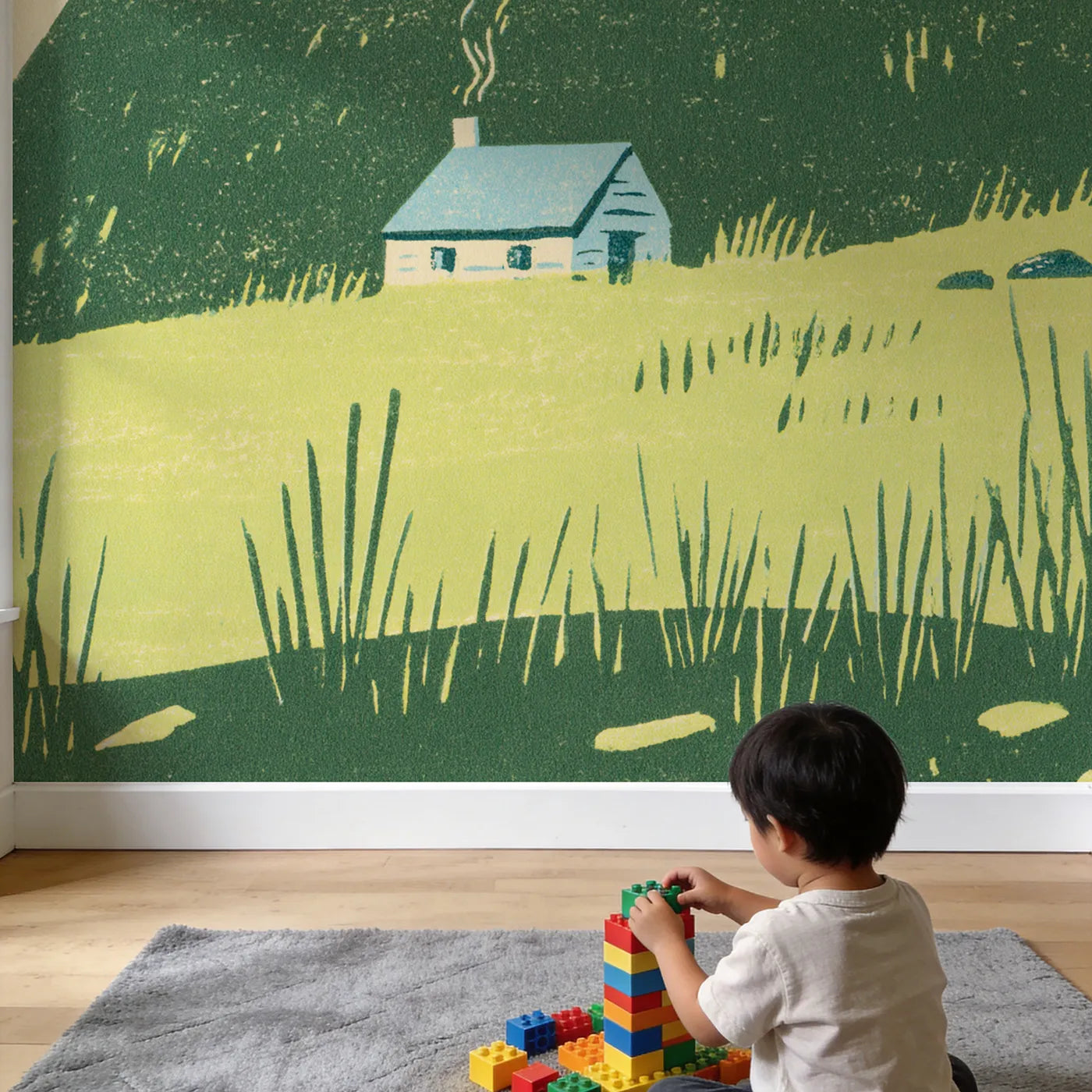 Child in nursery with Linocut Morning Rolling Hills Wallpaper Mural by Whimsy Tots