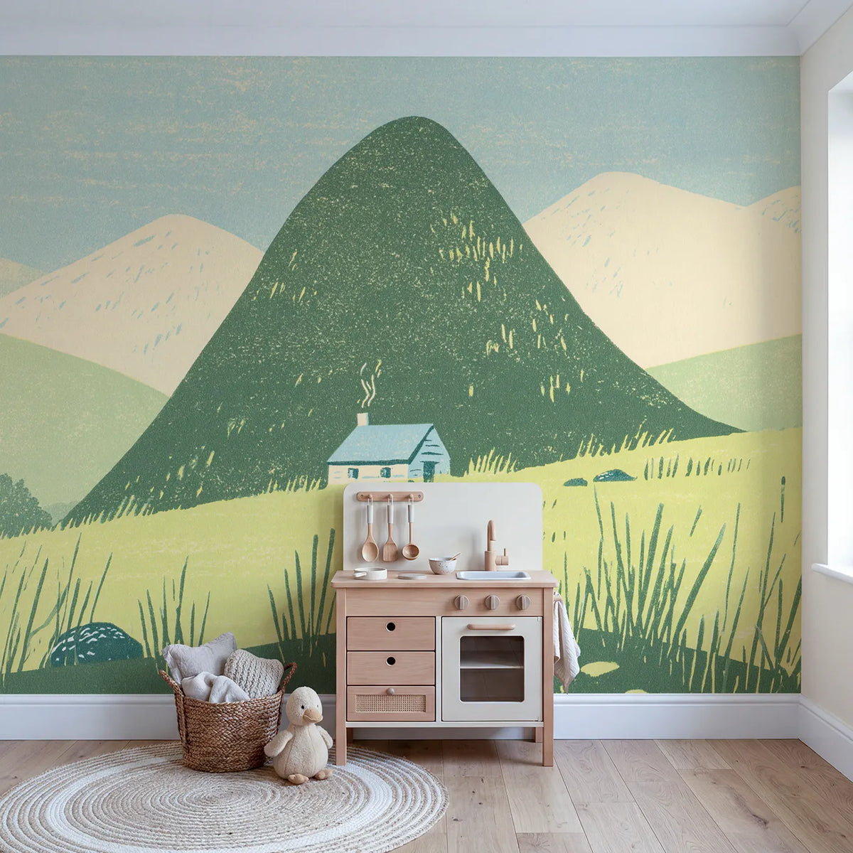 Linocut Morning Rolling Hills Wallpaper Mural in playroom setting by Whimsy Tots