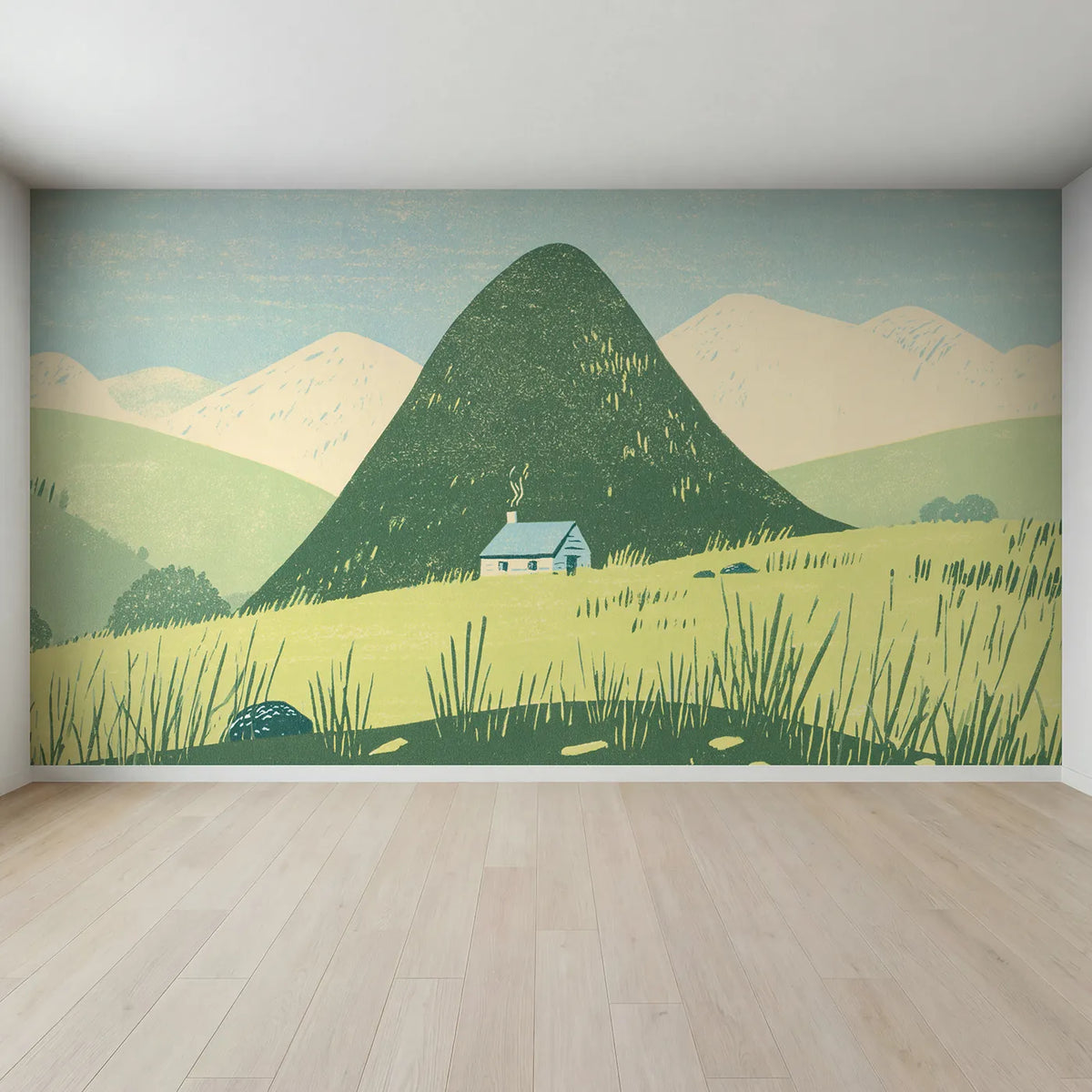 Full view of Linocut Morning Rolling Hills Wallpaper Mural by Whimsy Tots