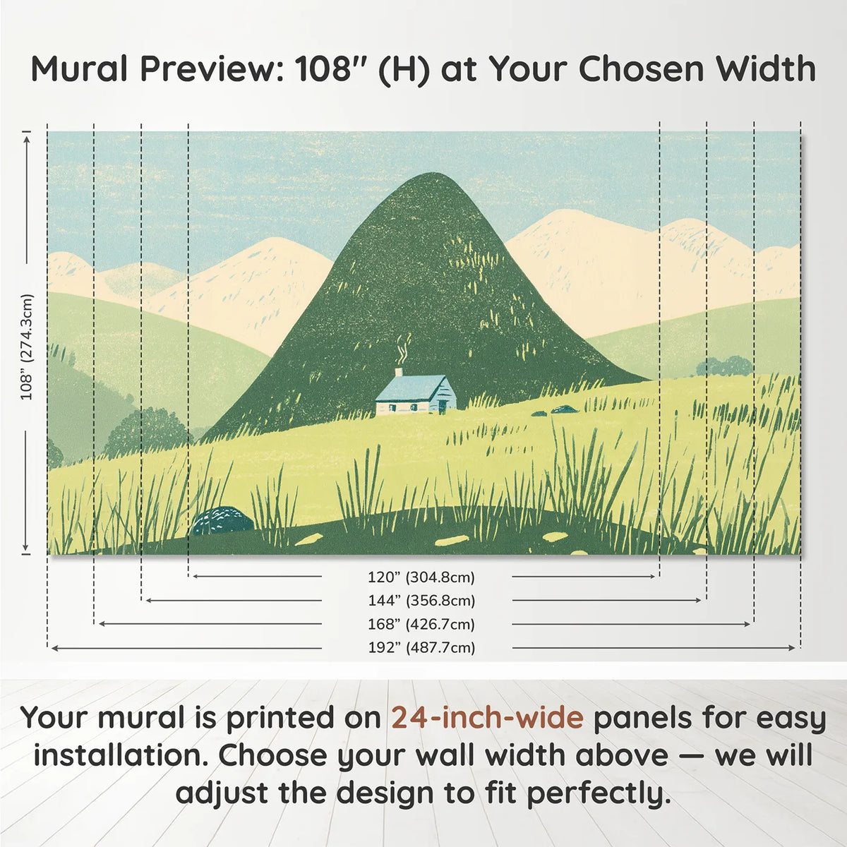 Panel layout and dimensions for Linocut Morning Rolling Hills Wallpaper Mural by Whimsy Tots