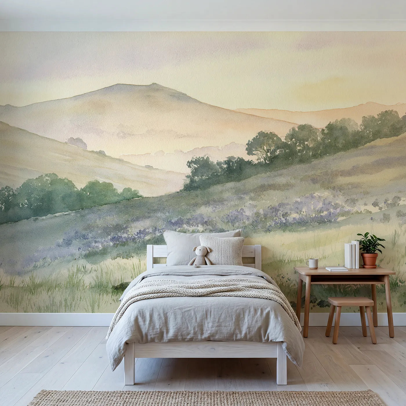Watercolor wall mural of soft rolling green hills by Whimsy Tots