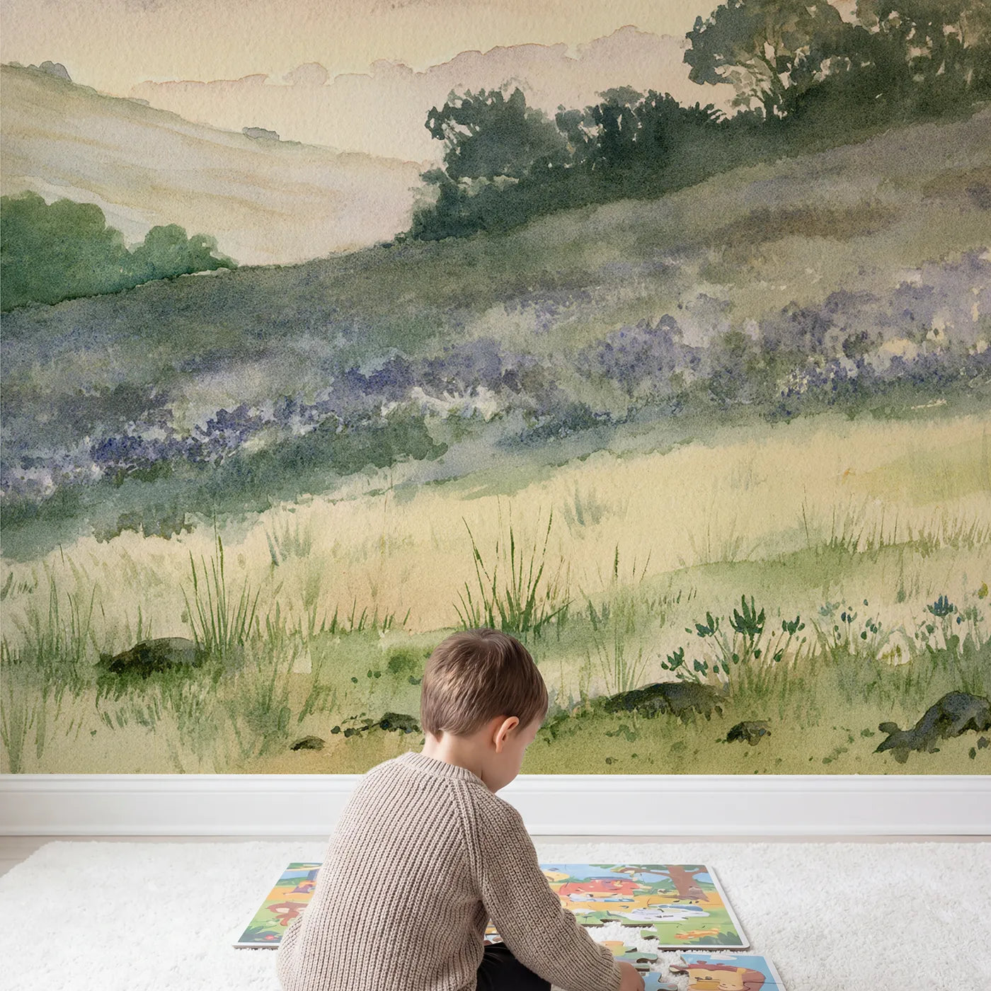 Child in nursery with Dawn Rolling Hills Wallpaper Mural by Whimsy Tots