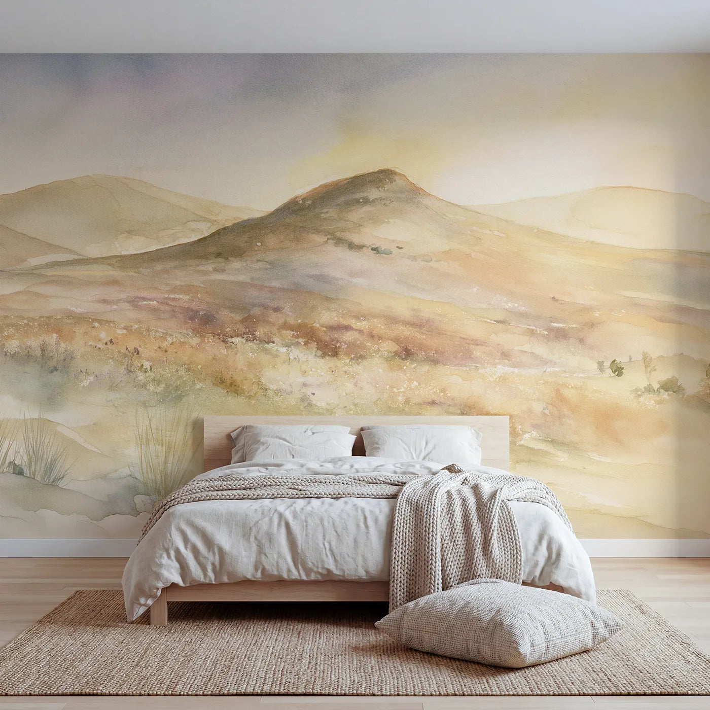 Watercolor wall mural of a calm mirroring mountain lake by Whimsy Tots