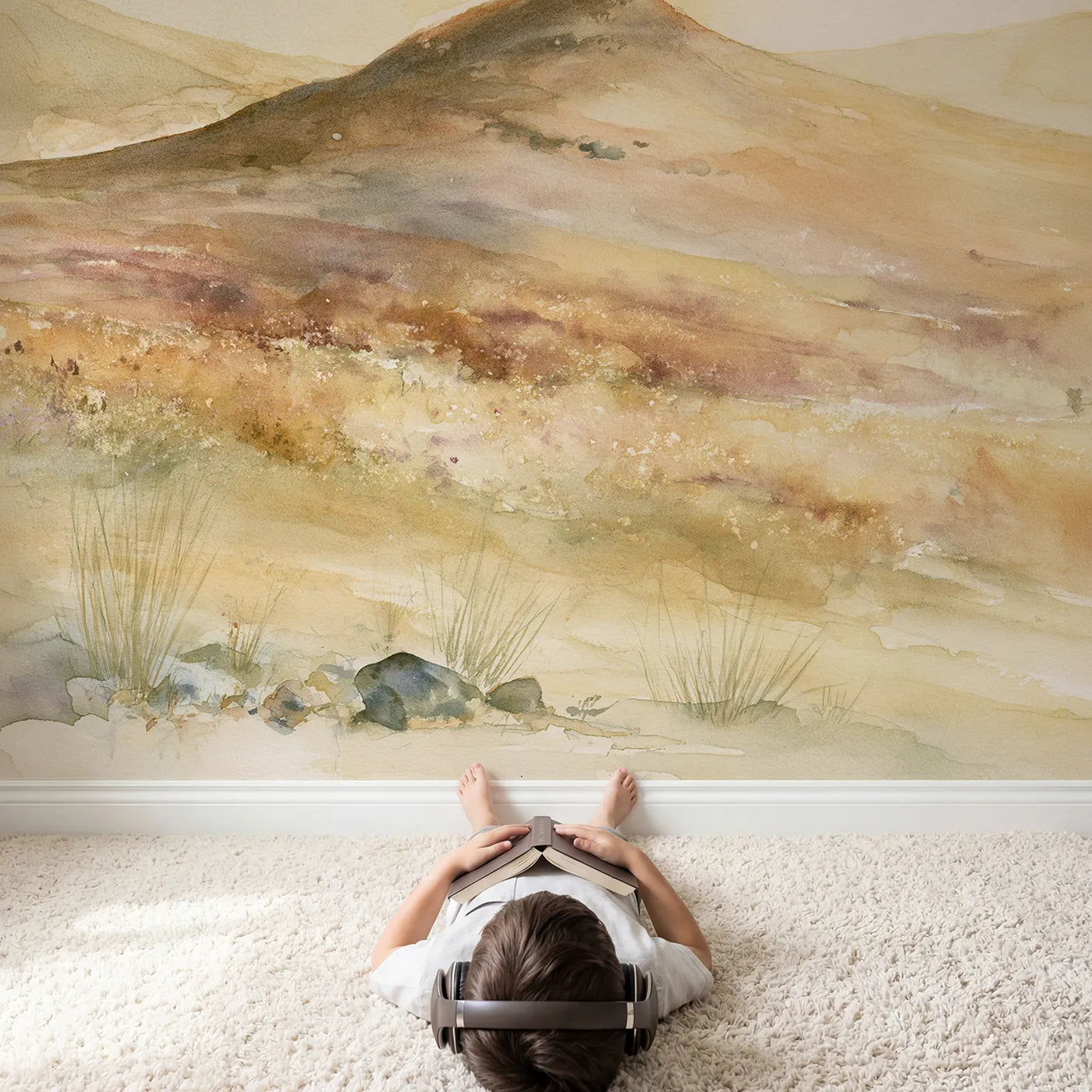 Child in nursery with Dusk Heather Moor Wallpaper Mural by Whimsy Tots