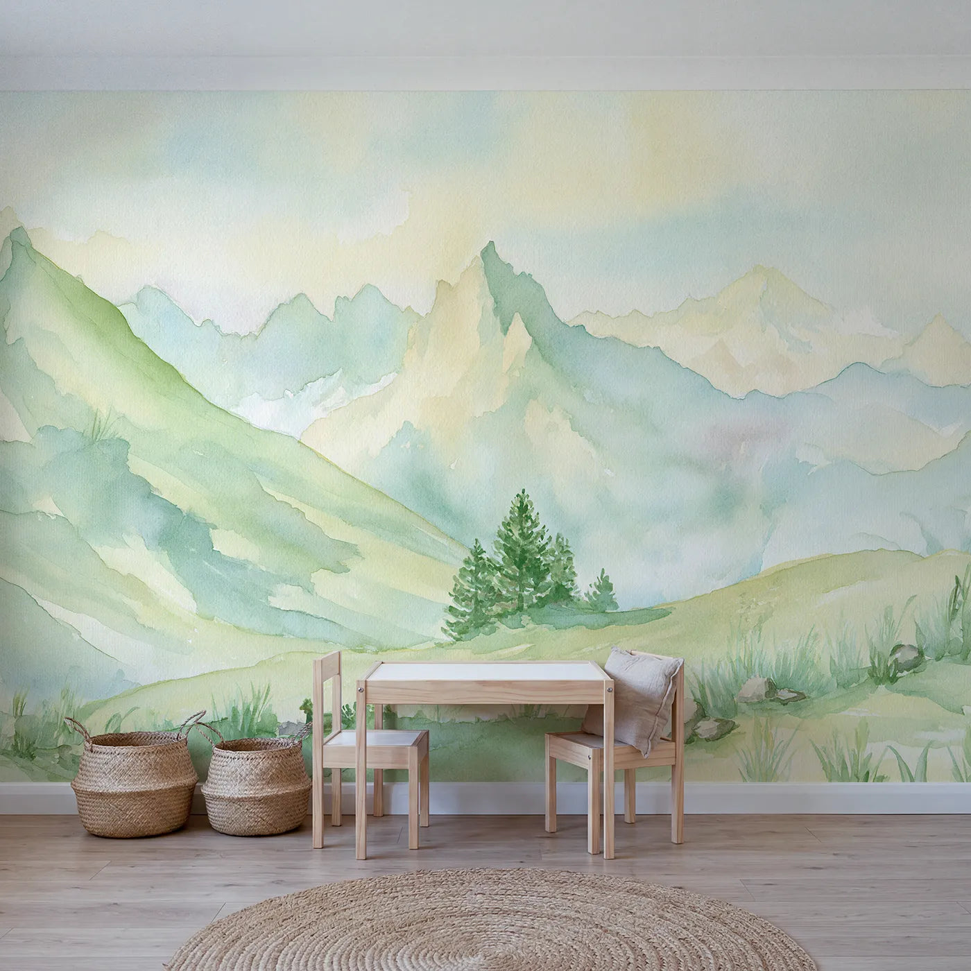 Watercolor wall mural of a green valley between slopes by Whimsy Tots