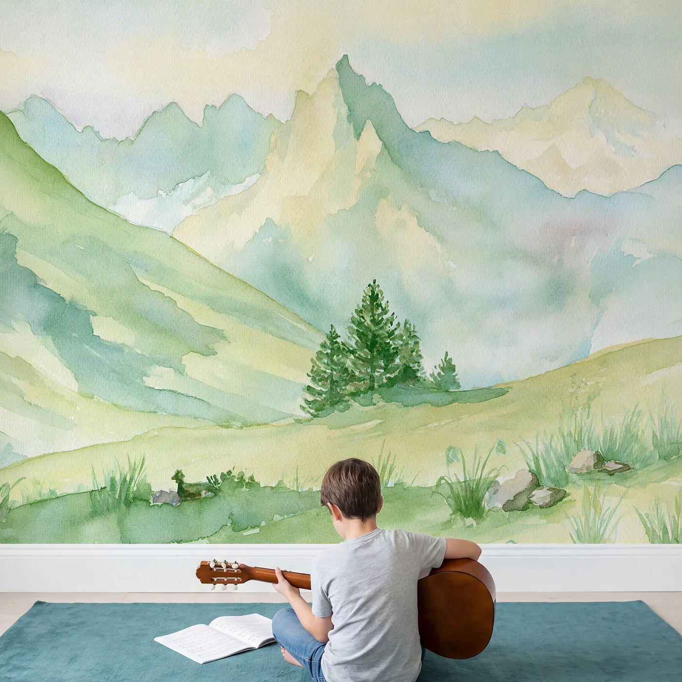 Child in nursery with Midday Alpine Peaks Wallpaper Mural by Whimsy Tots