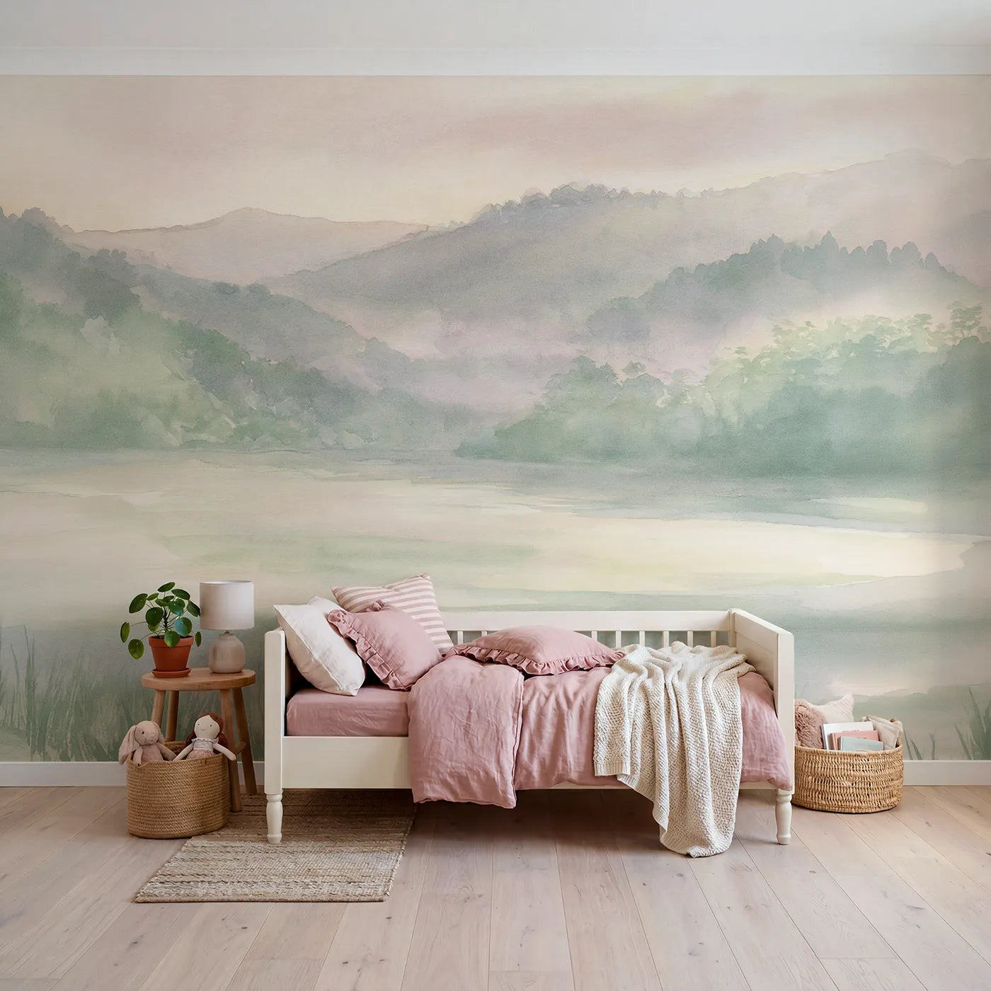 Watercolor wall mural of a quiet mirrored hill lake by Whimsy Tots