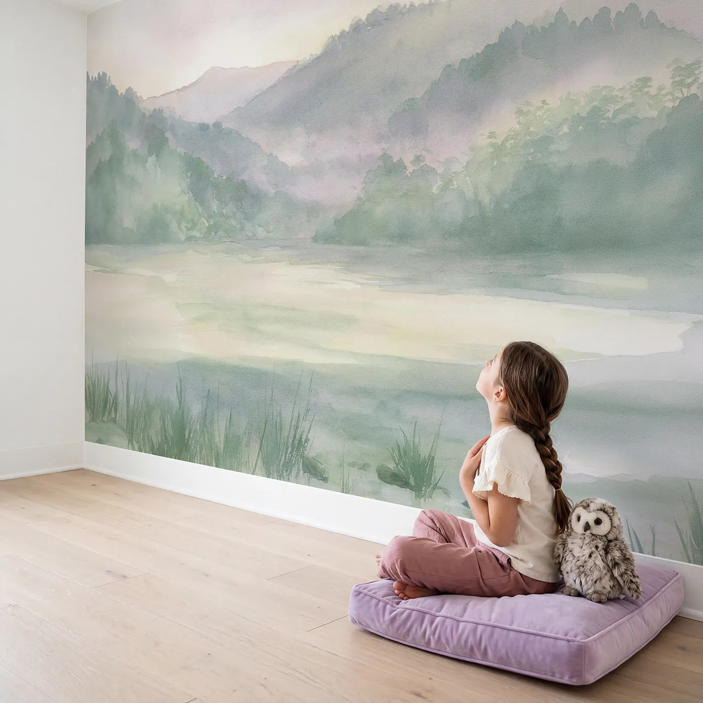 Child in nursery with Dawn Wooded Ridges Wallpaper Mural by Whimsy Tots