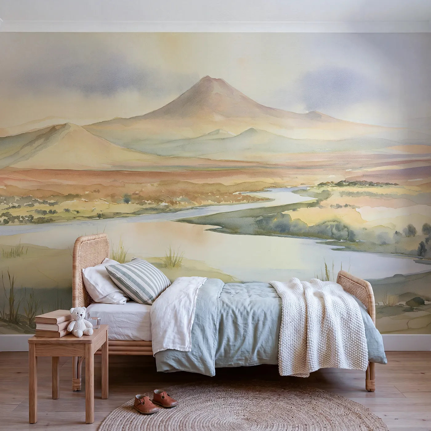 Watercolor wall mural of soft layered foothills by Whimsy Tots
