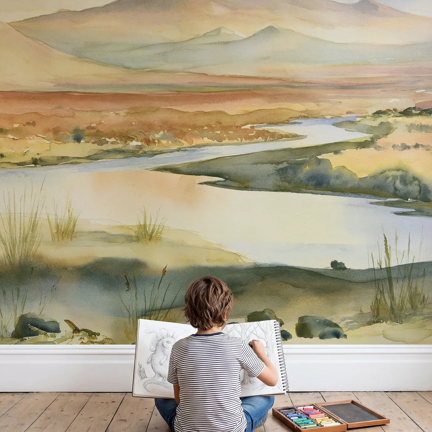 Child in nursery with Morning Volcano Hill Wallpaper Mural by Whimsy Tots
