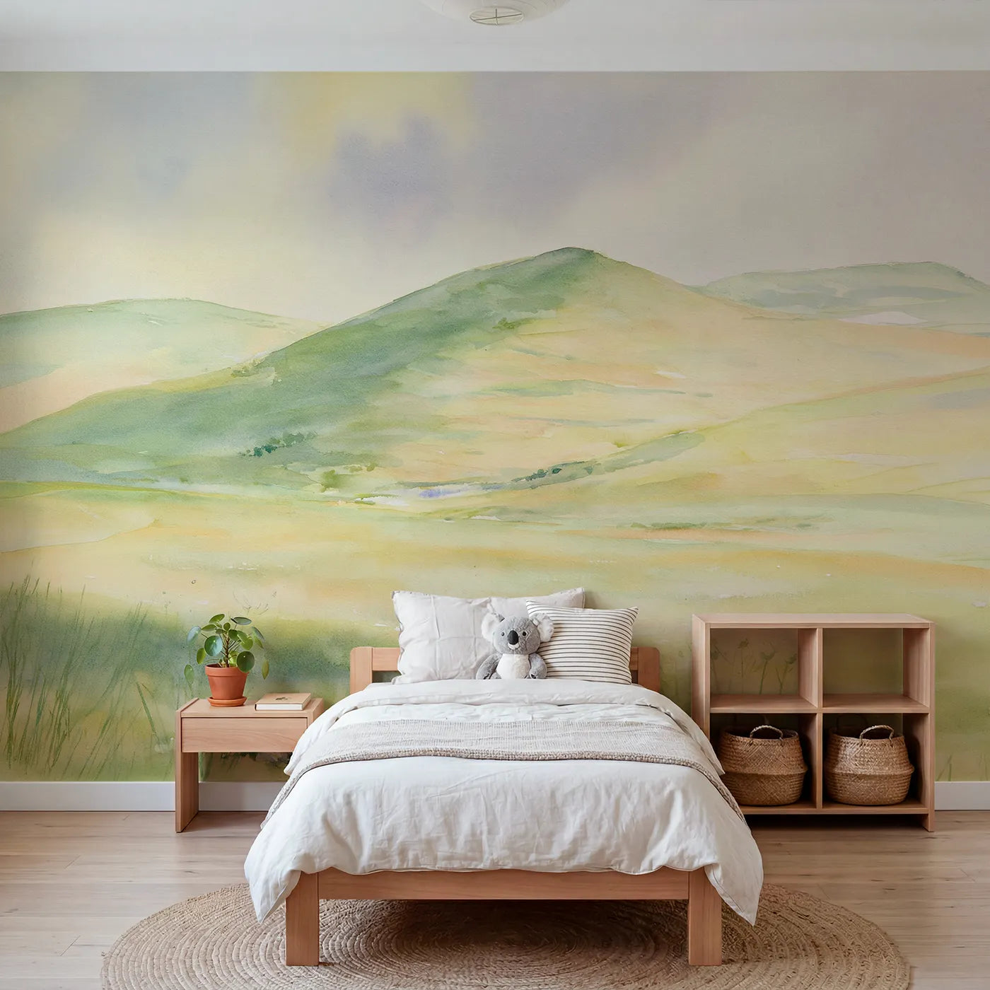 Watercolor wall mural of a soft highland glen by Whimsy Tots
