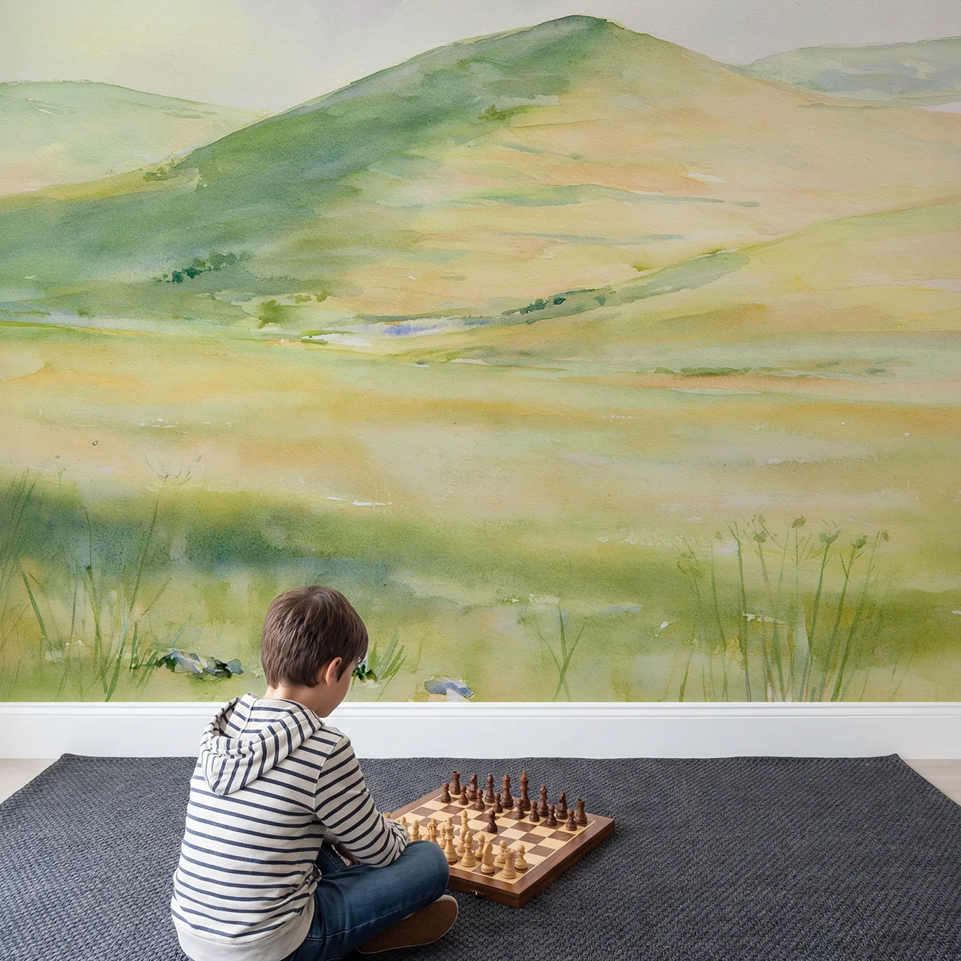 Child in nursery with Midday Terraced Hills Wallpaper Mural by Whimsy Tots