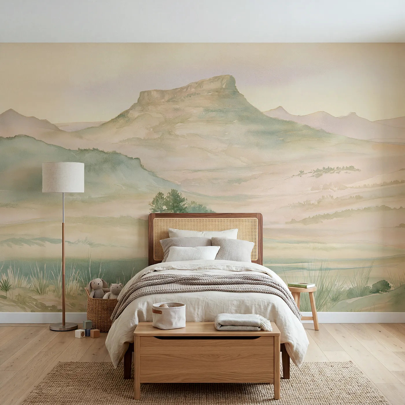 Watercolor wall mural of a winding hazy valley river by Whimsy Tots
