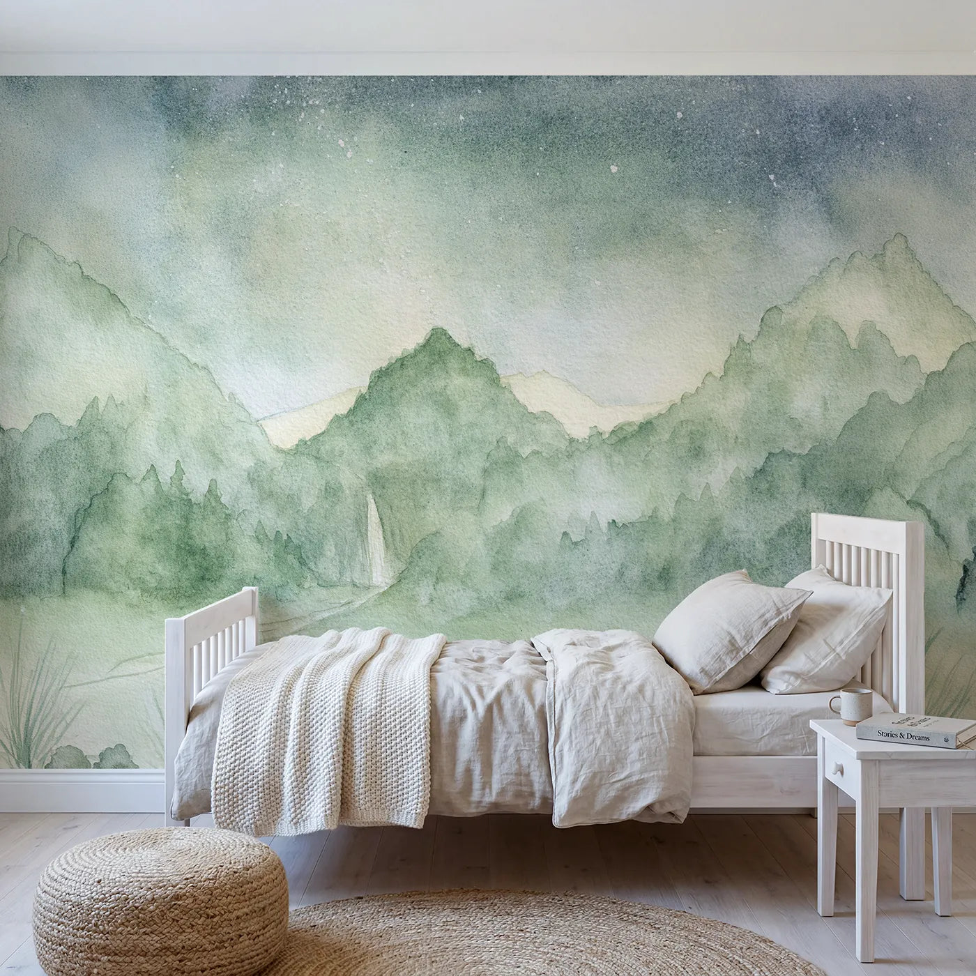 Watercolor wall mural of rolling hills at dawn by Whimsy Tots