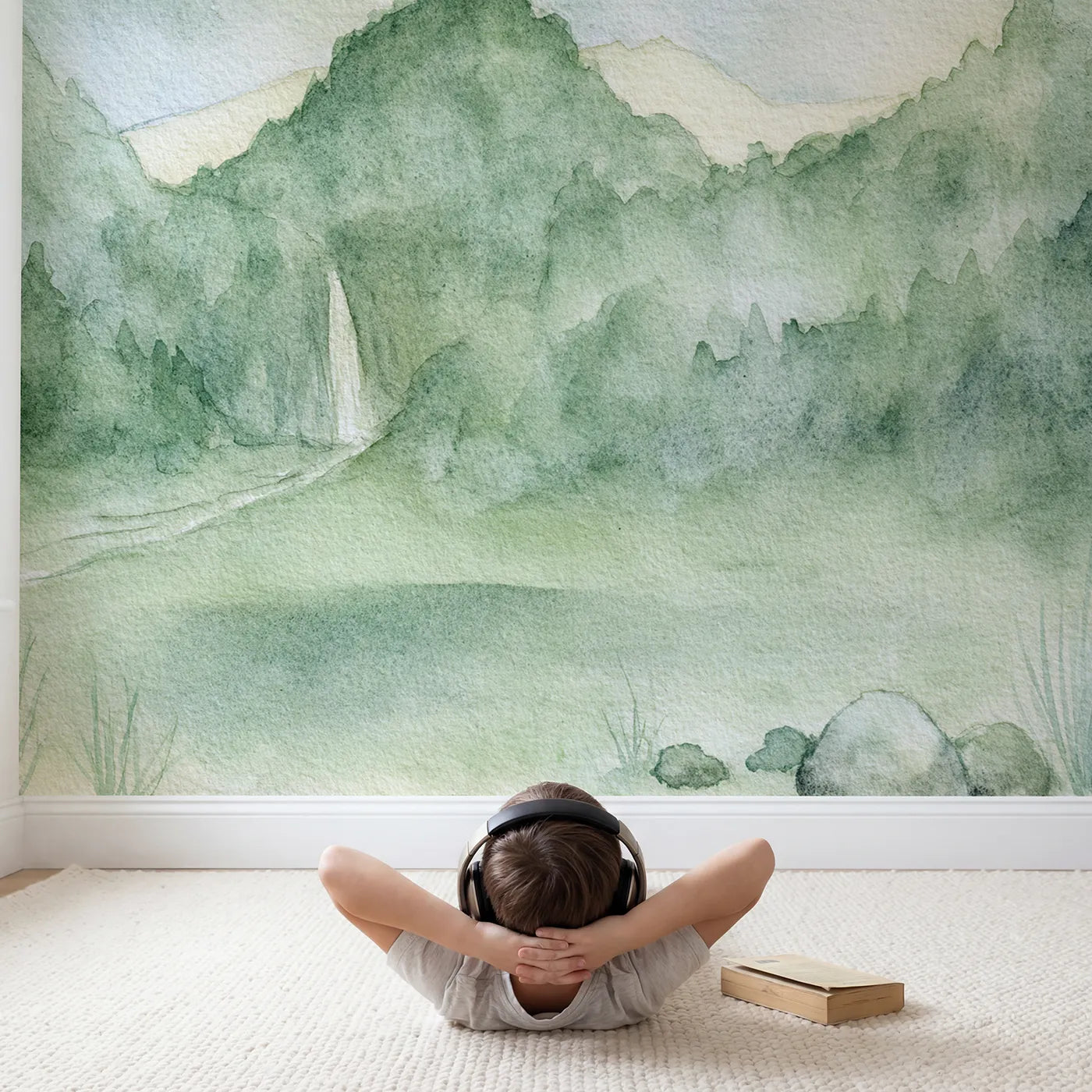 Child in nursery with Starlit Wooded Ridges Falls Wallpaper Mural by Whimsy Tots