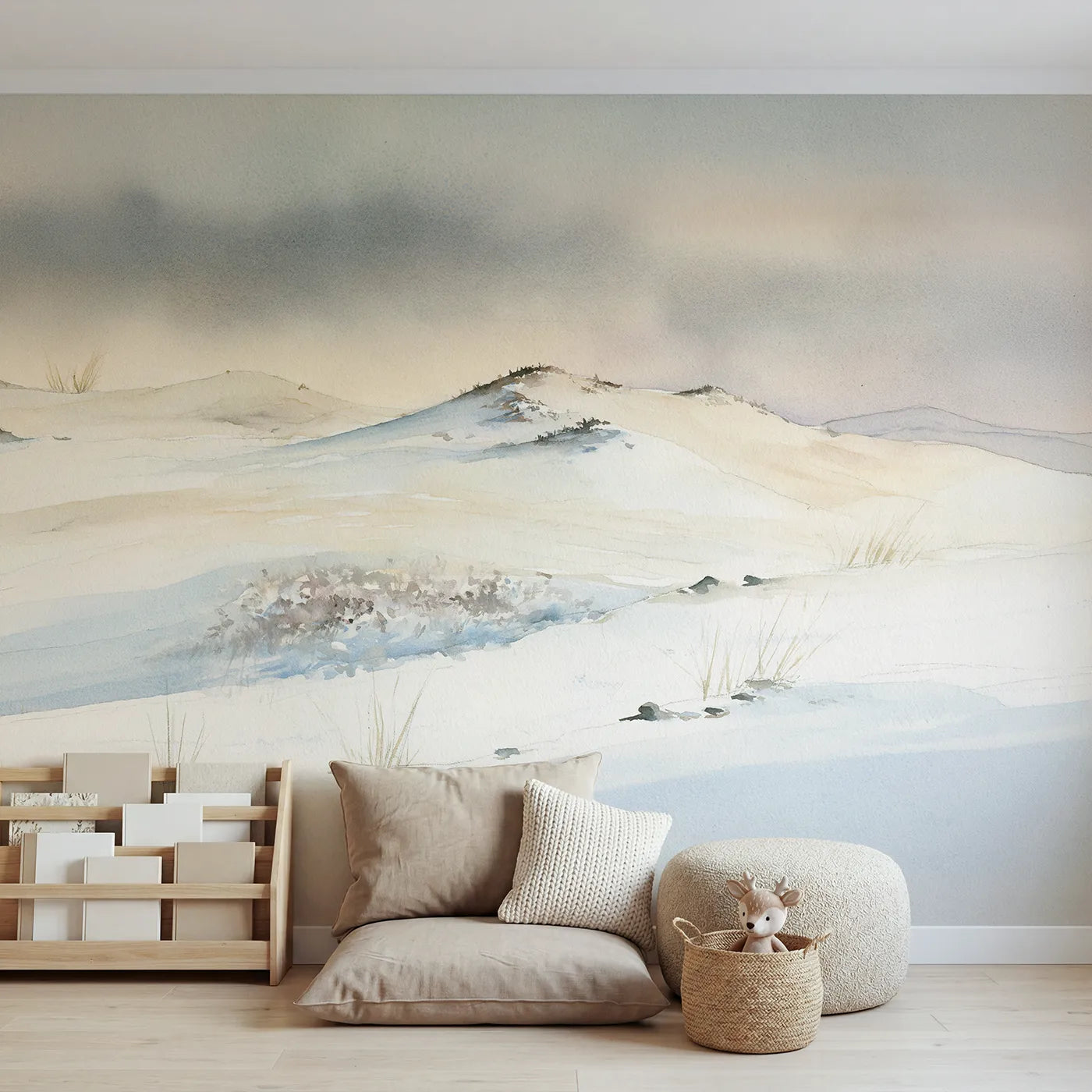 Watercolor wall mural of a still alpine lake by Whimsy Tots