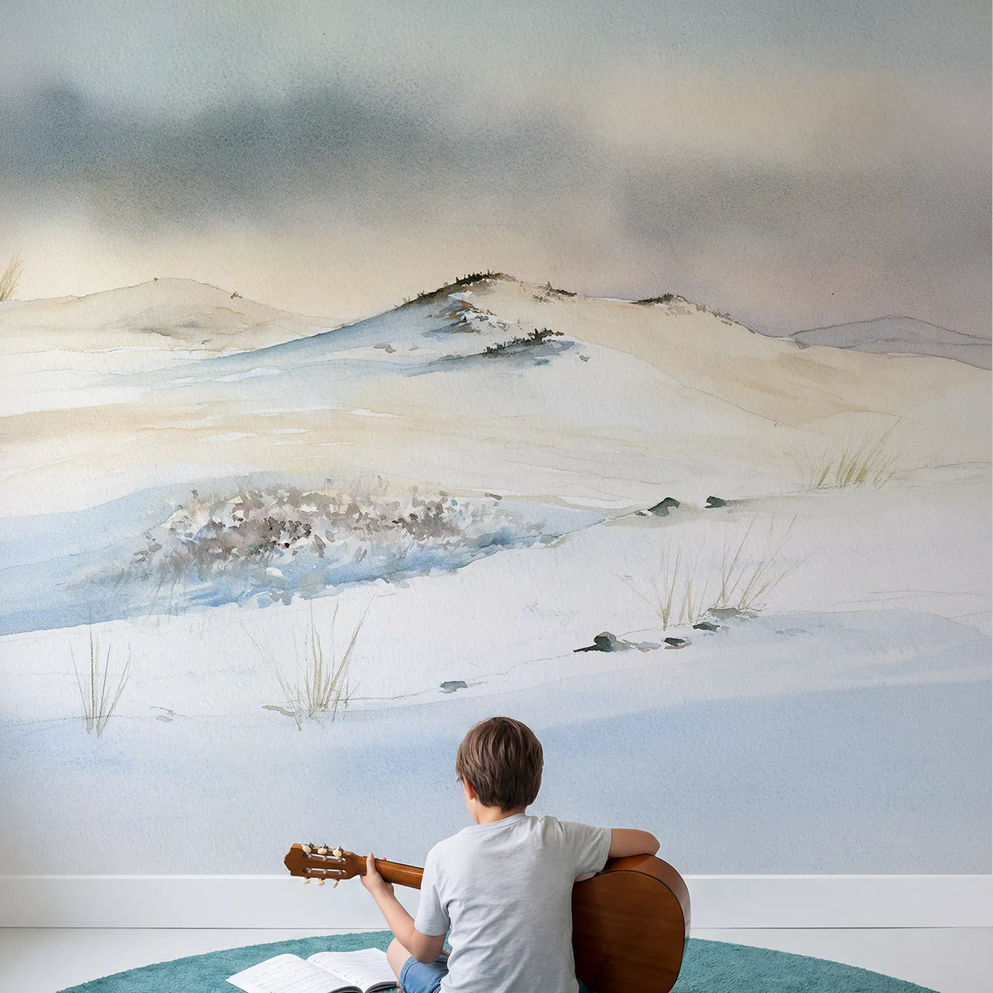 Child in nursery with Dusk Heather Moor Blooms Wallpaper Mural by Whimsy Tots