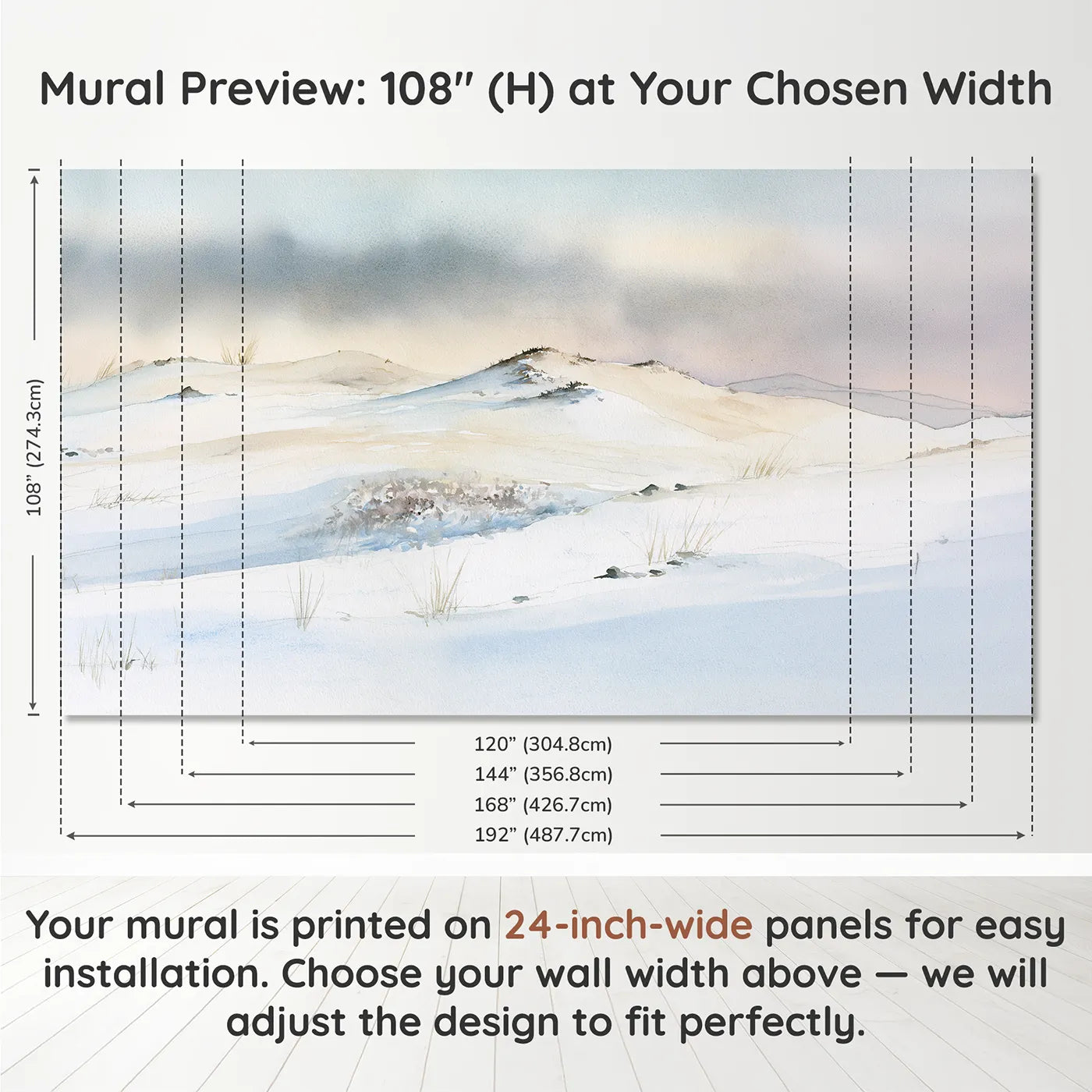 Panel layout and dimensions for Dusk Heather Moor Blooms Wallpaper Mural by Whimsy Tots