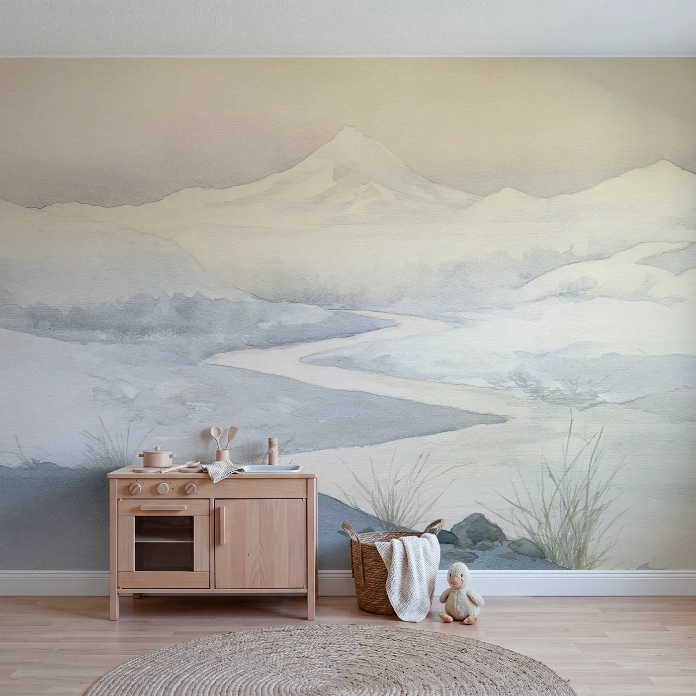 Watercolor wall mural of a stretching valley meadow by Whimsy Tots