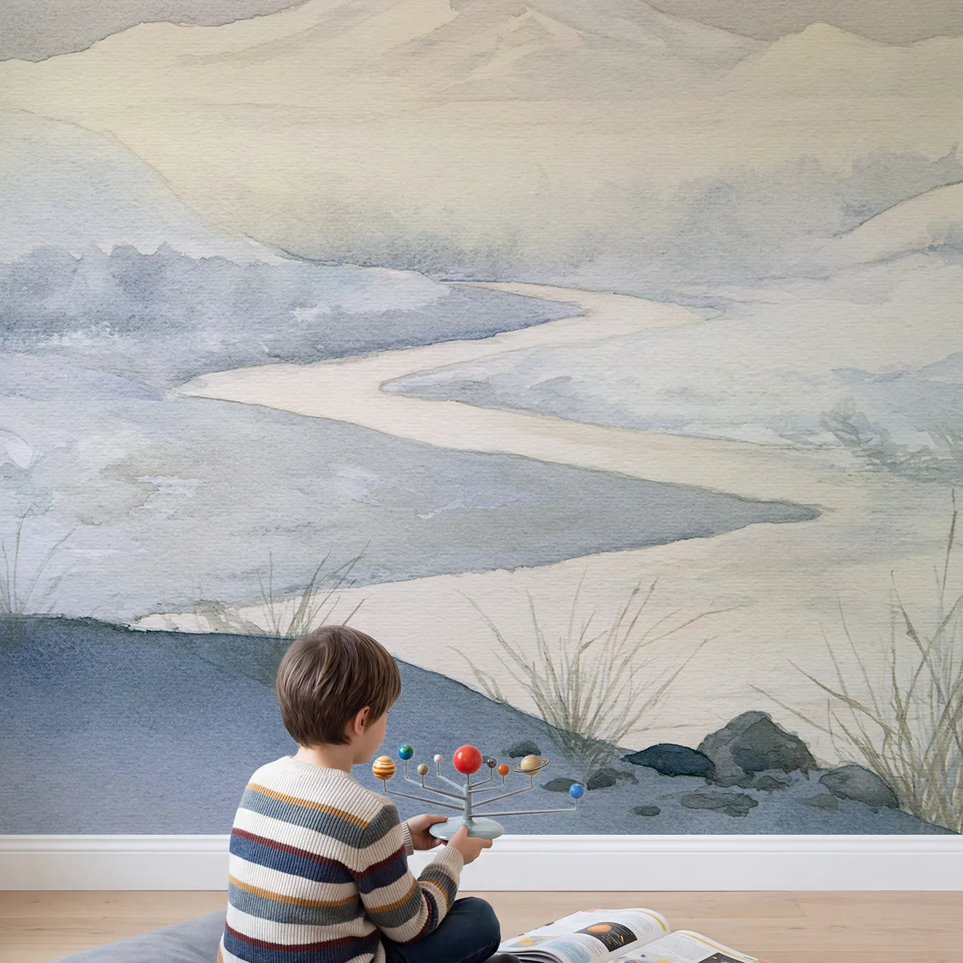 Child in nursery with Dawn Volcano Hill River Wallpaper Mural by Whimsy Tots