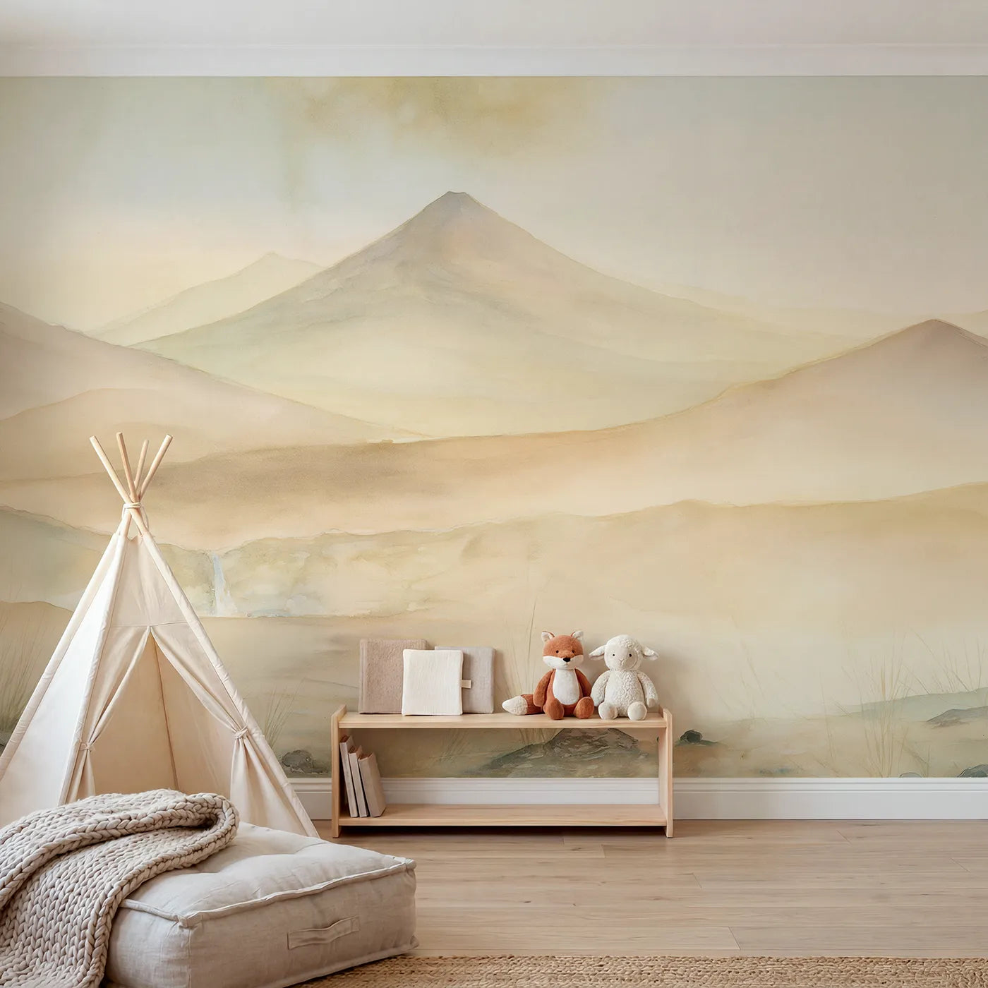 Watercolor wall mural of a glowing morning lake by Whimsy Tots