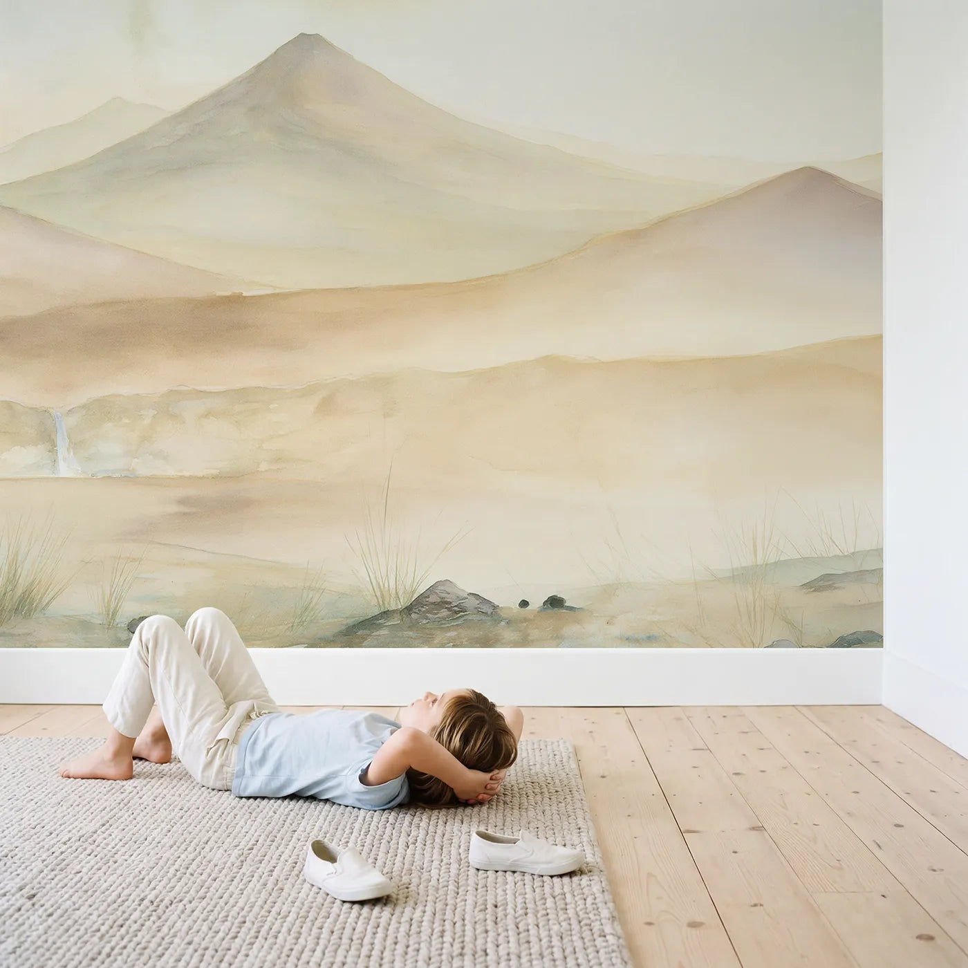 Child in nursery with Midday Volcano Hill Wallpaper Mural by Whimsy Tots
