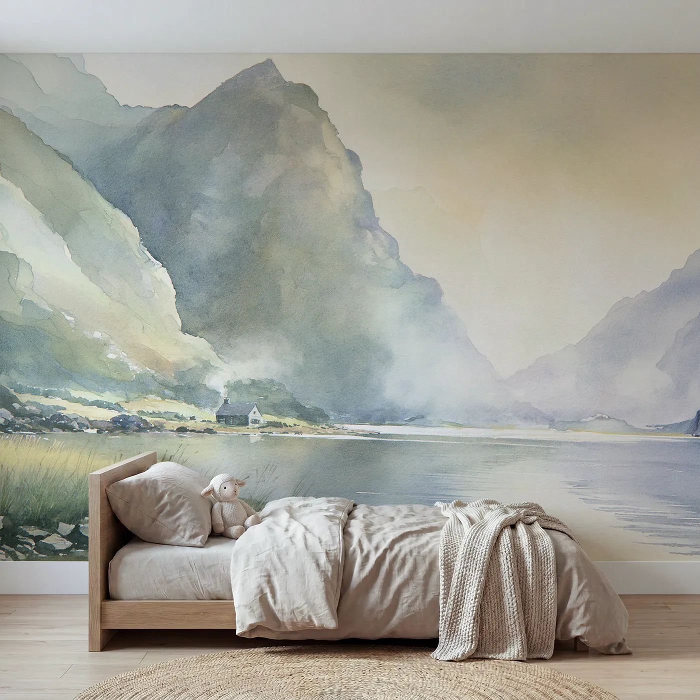 Watercolor wall mural of green hills in calm bands by Whimsy Tots