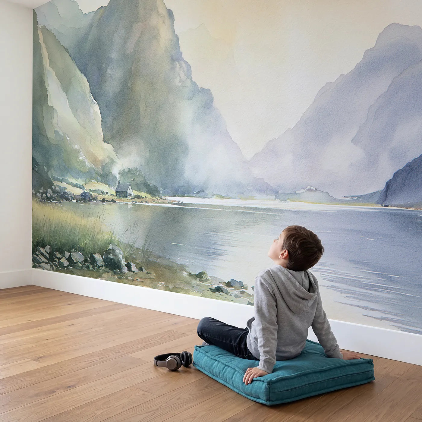 Child in nursery with Dusk Fjord Cliffs Cabin Wallpaper Mural by Whimsy Tots