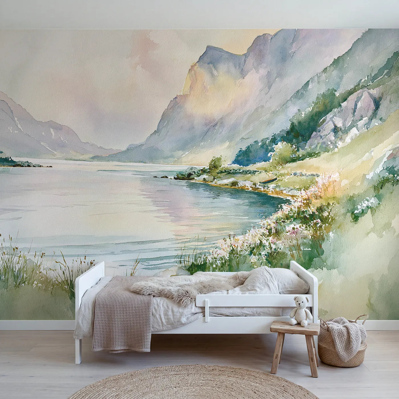 Watercolor wall mural of a reflected mountain lake by Whimsy Tots