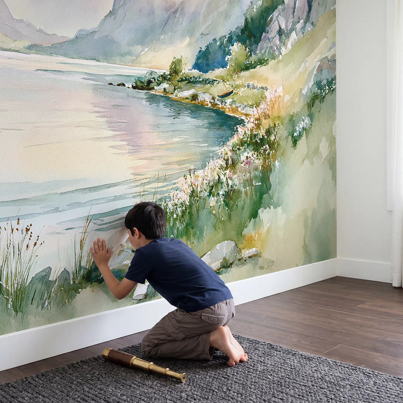 Child in nursery with Dawn Fjord Cliffs Wallpaper Mural by Whimsy Tots