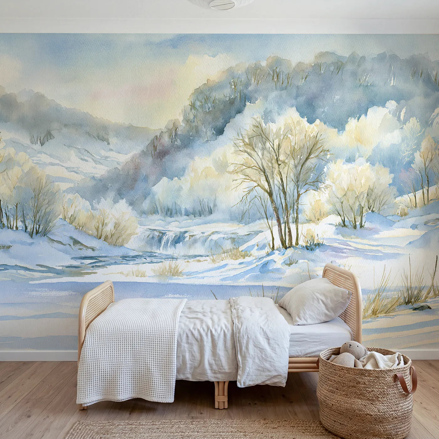 Watercolor wall mural of a recognizable rolling valley by Whimsy Tots