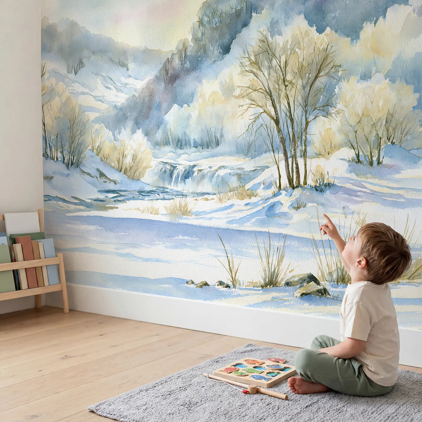 Child in nursery with Morning Wooded Ridges Falls Wallpaper Mural by Whimsy Tots