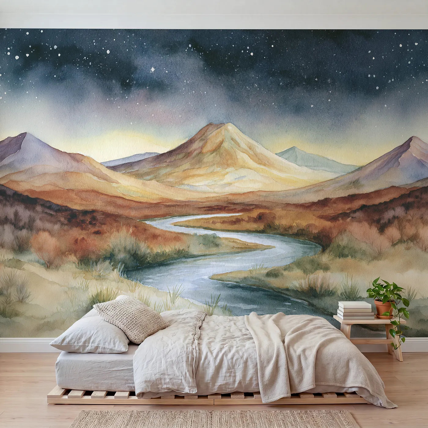 Watercolor wall mural of a green contoured hillside by Whimsy Tots