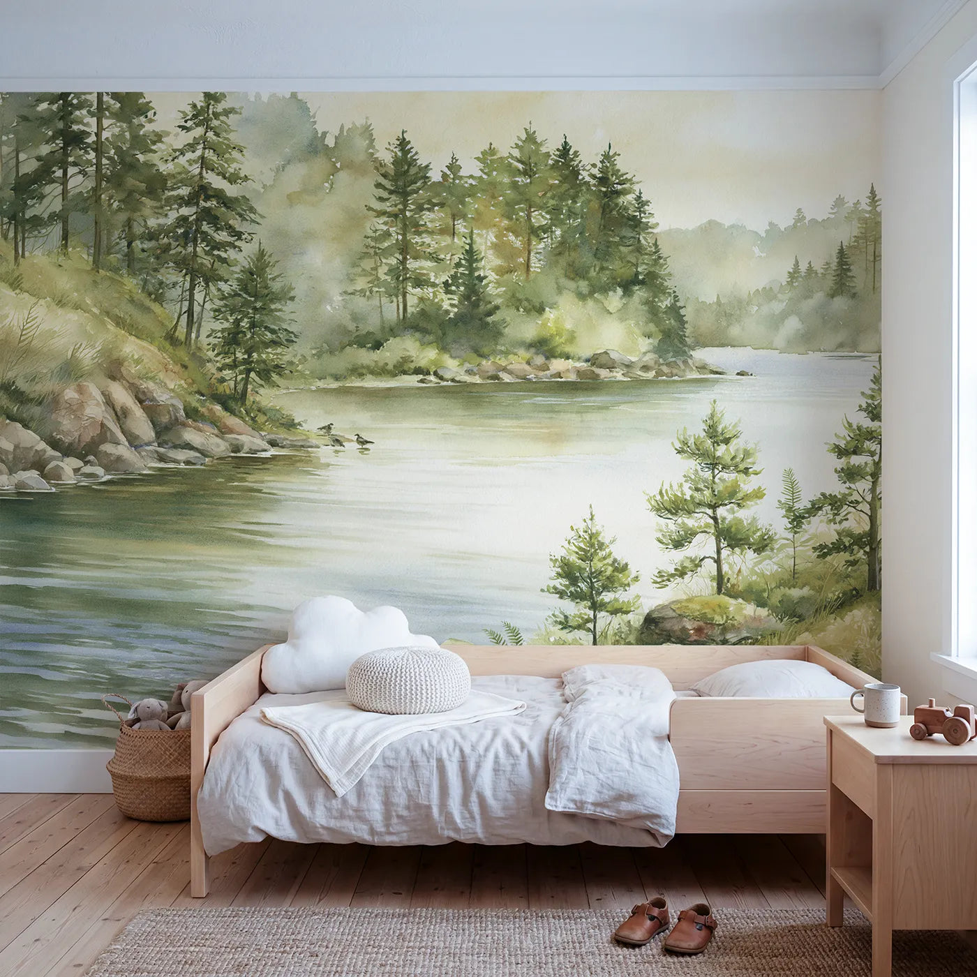 Watercolor wall mural of a pine-lined lakeshore by Whimsy Tots