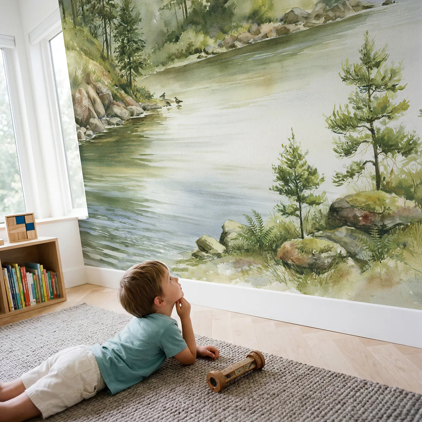 Child in nursery with Starlit Wooded Ridges Lake Wallpaper Mural by Whimsy Tots