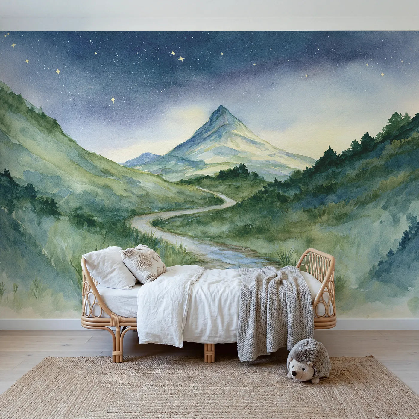 Watercolor wall mural of a layered highland glen by Whimsy Tots