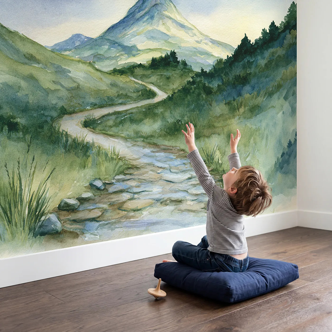 Child in nursery with Starlit Volcano Hill Path Wallpaper Mural by Whimsy Tots