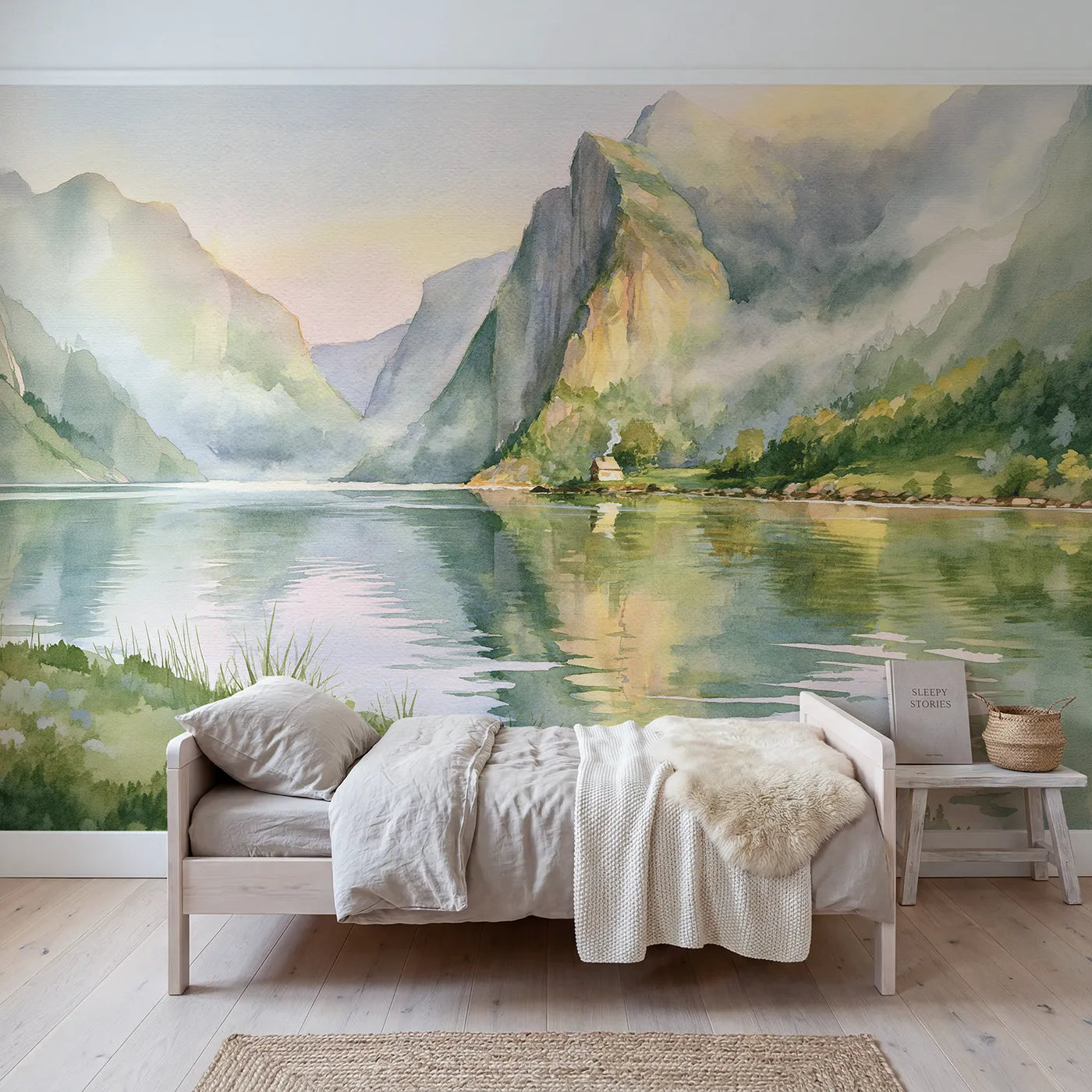 Watercolor wall mural of a soft river bend valley by Whimsy Tots