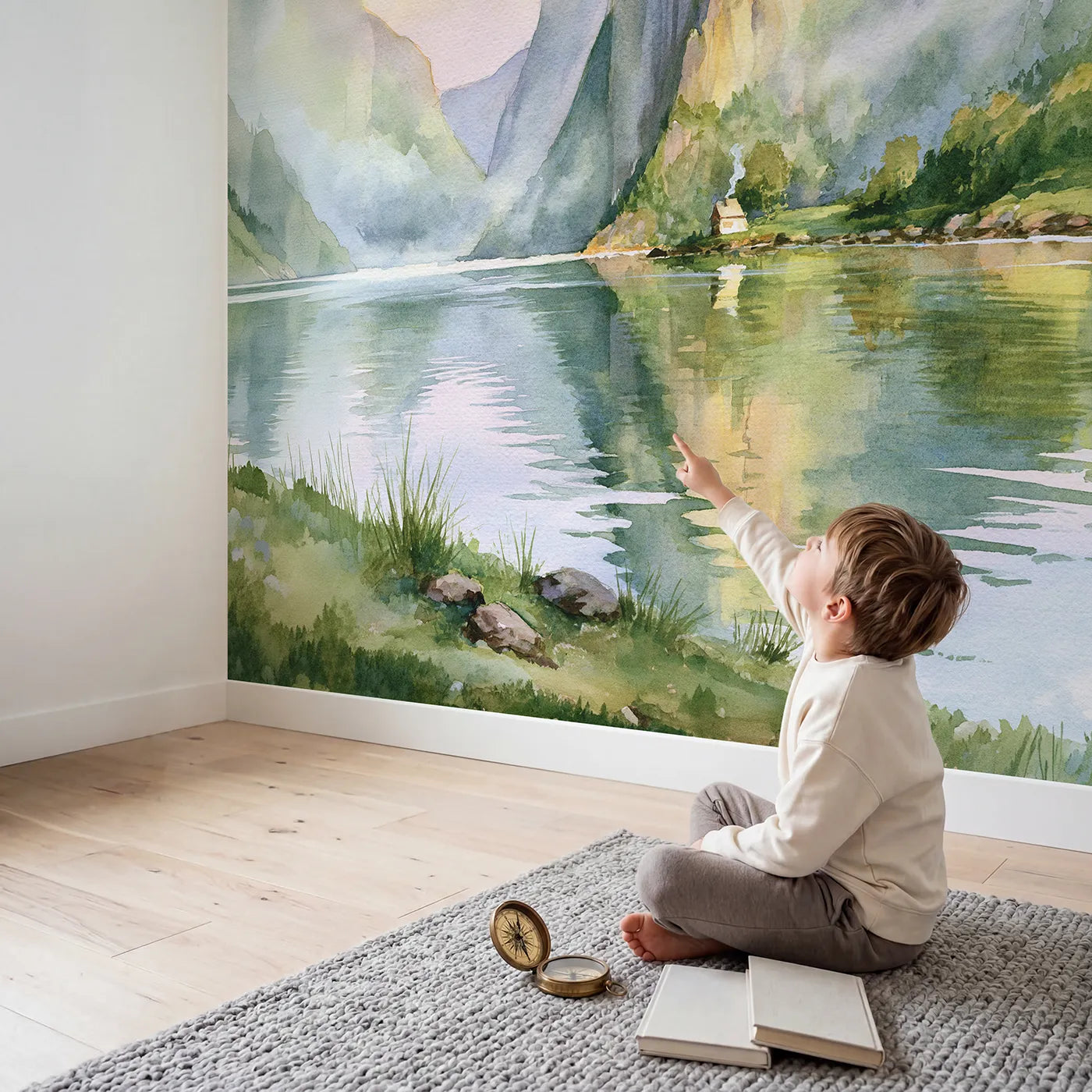 Child in nursery with Dawn Fjord Cliffs Cabin Wallpaper Mural by Whimsy Tots