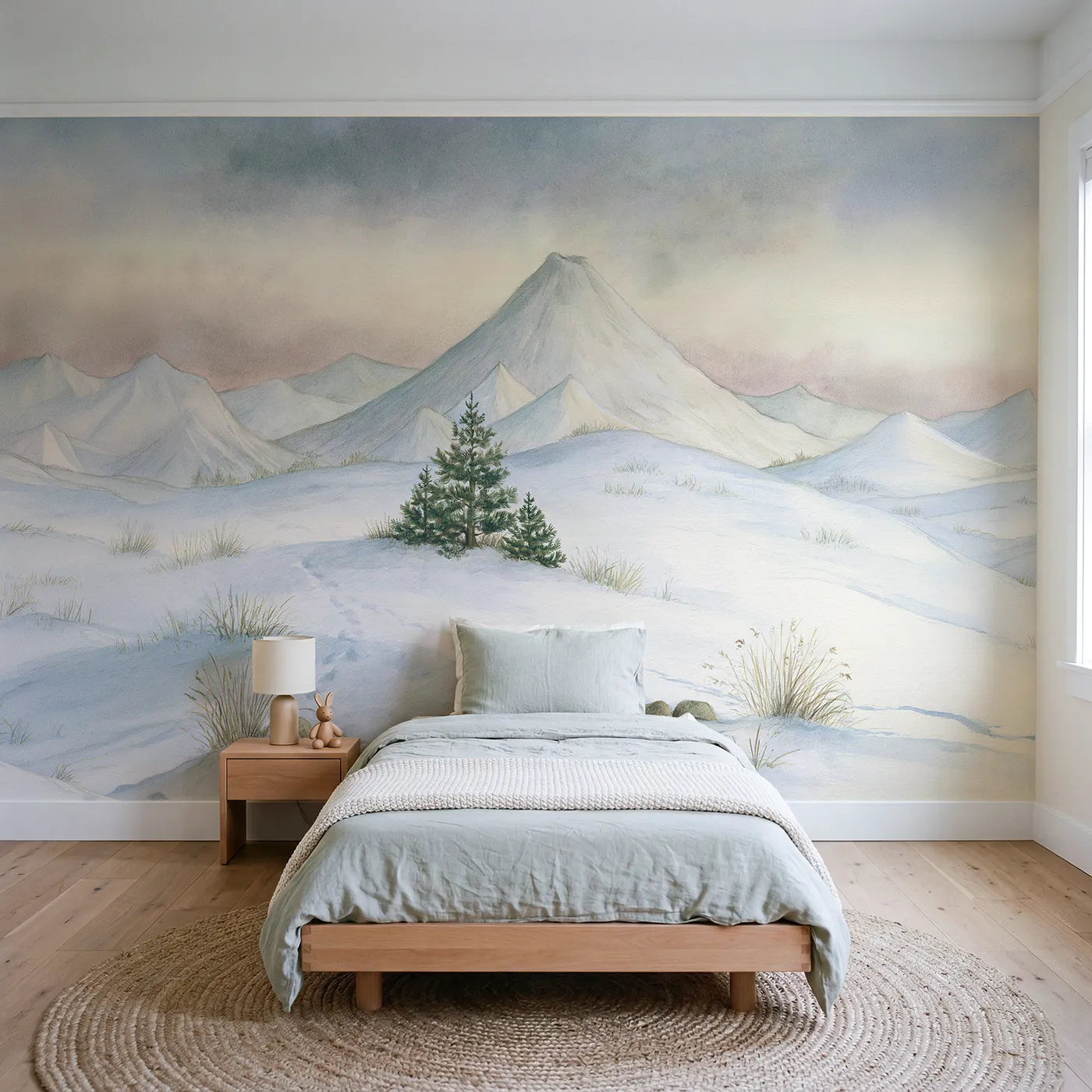 Storybook wall mural of a cozy cottage valley by Whimsy Tots