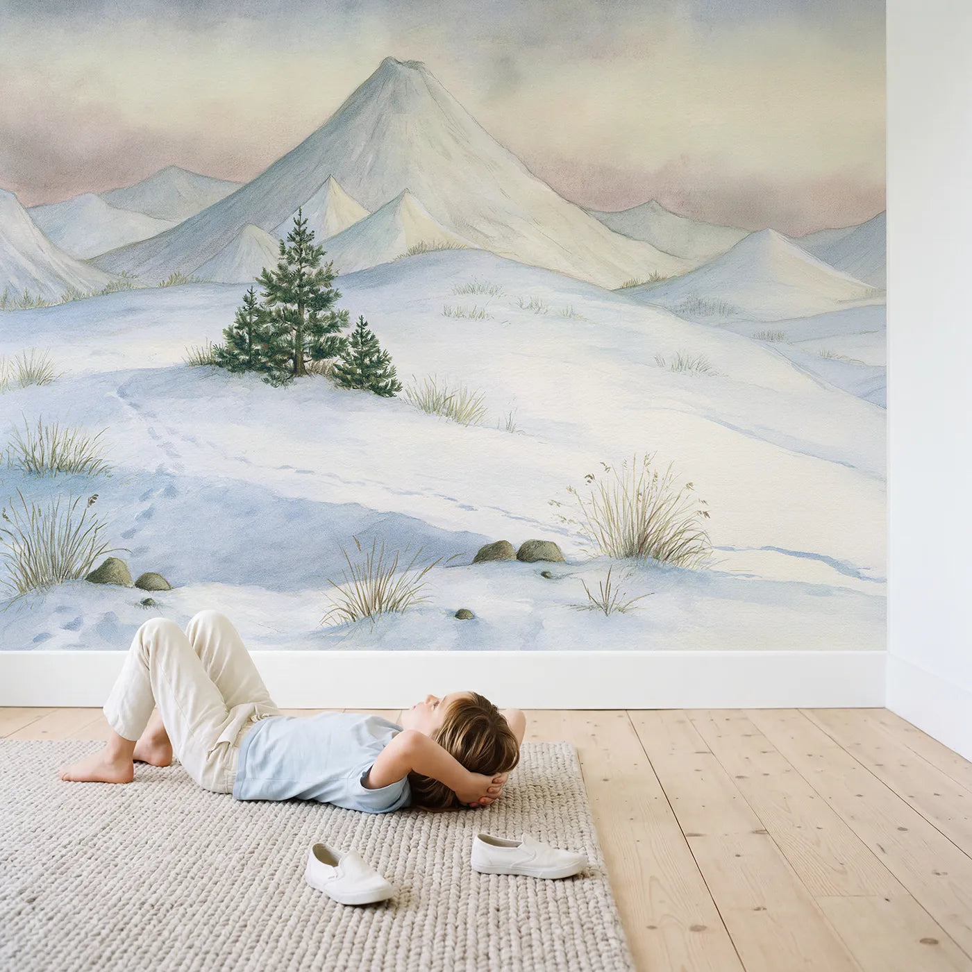 Child in nursery with Dusk Volcano Hill Wallpaper Mural by Whimsy Tots