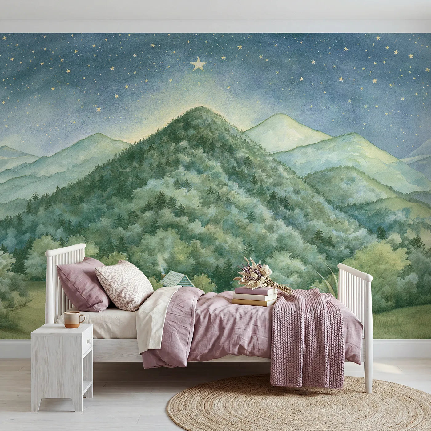 Storybook wall mural of a path over green hills by Whimsy Tots