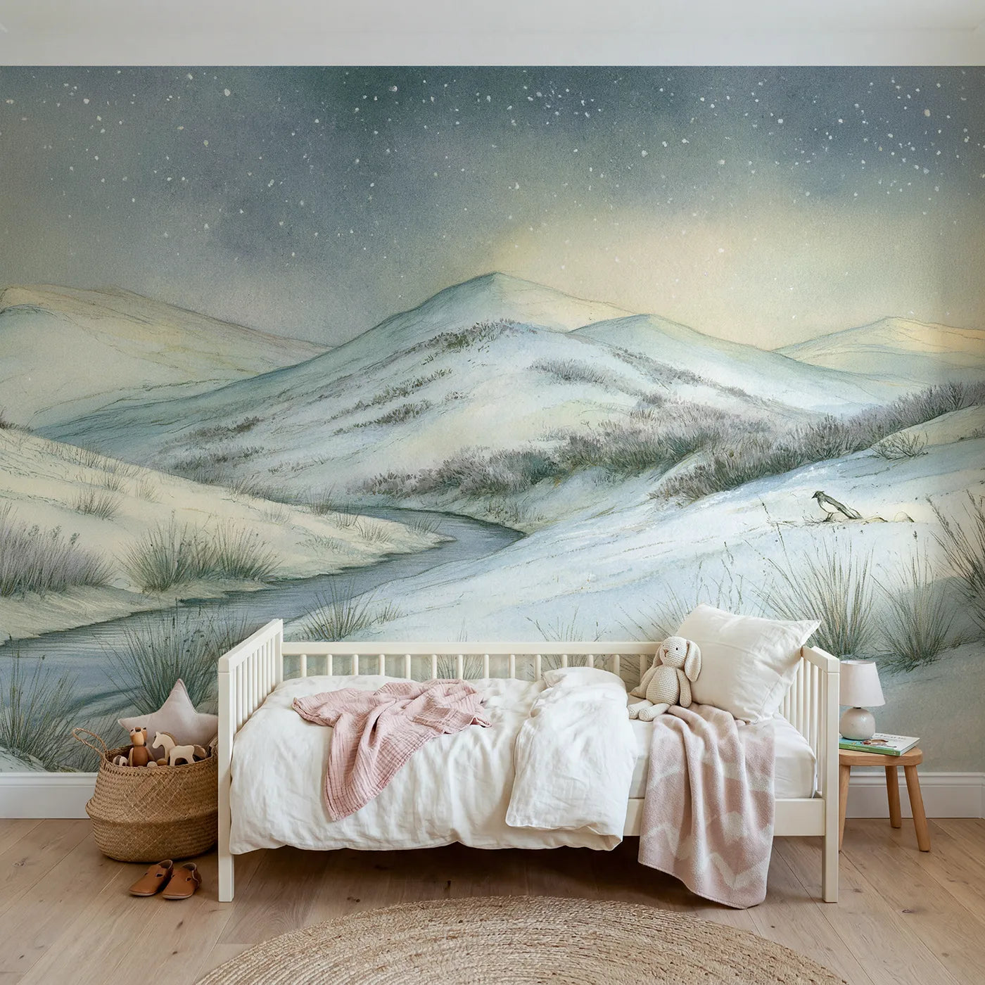 Storybook wall mural of a sleepy evening lake by Whimsy Tots