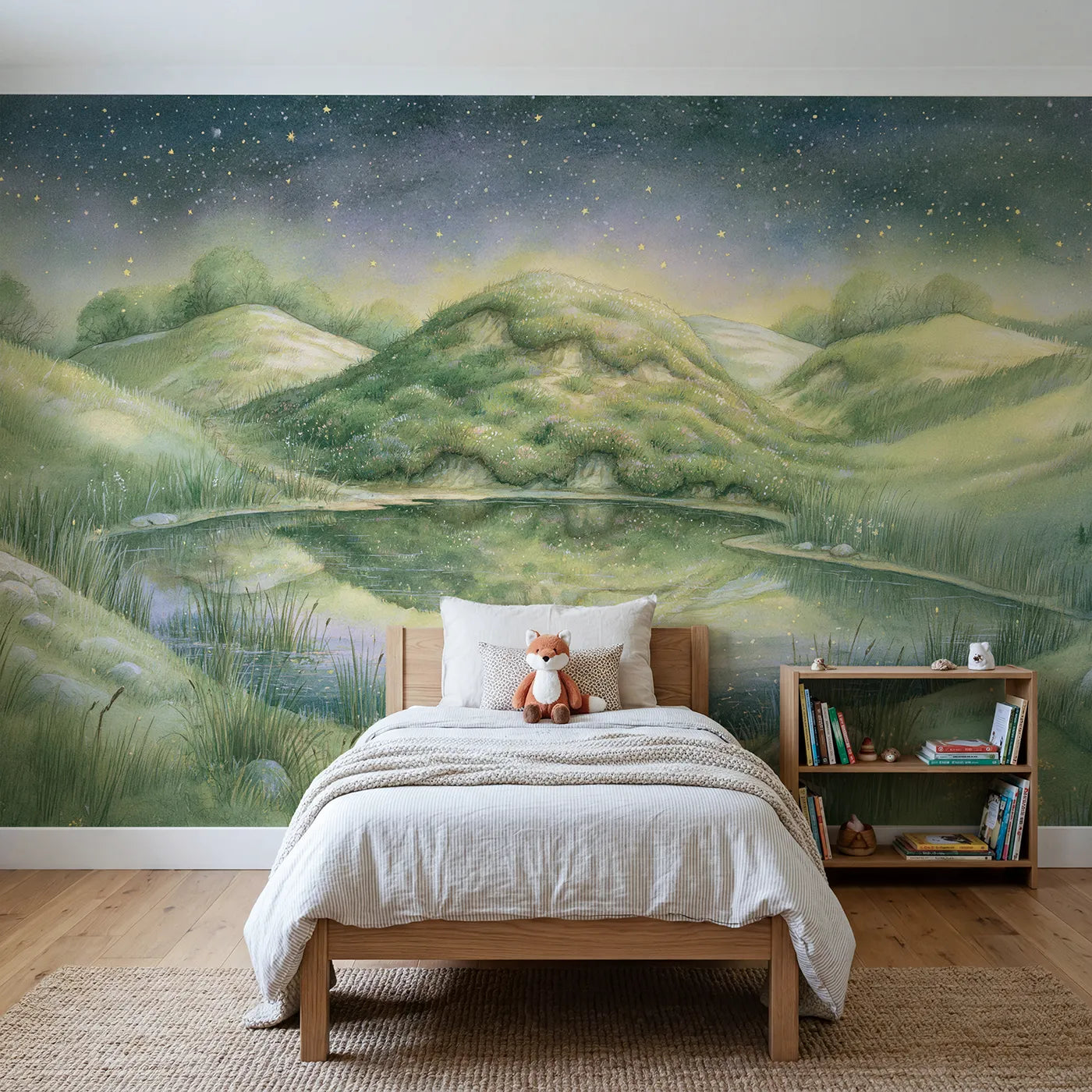 Storybook wall mural of a cheerful green valley by Whimsy Tots