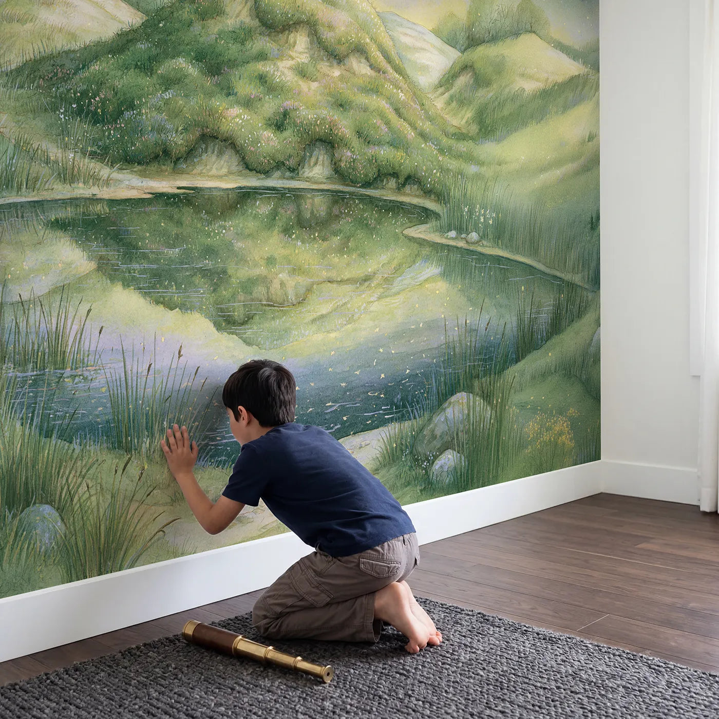 Child in nursery with Starlit Heather Moor Lake Wallpaper Mural by Whimsy Tots